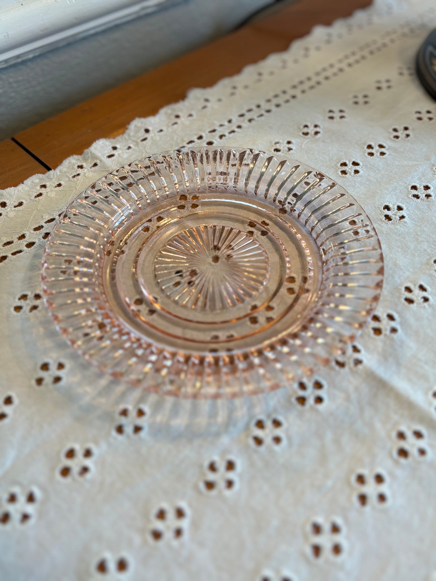 Vintage Pink Depression Glass Ribbed Salad Plate – 7" Sunburst Design *
