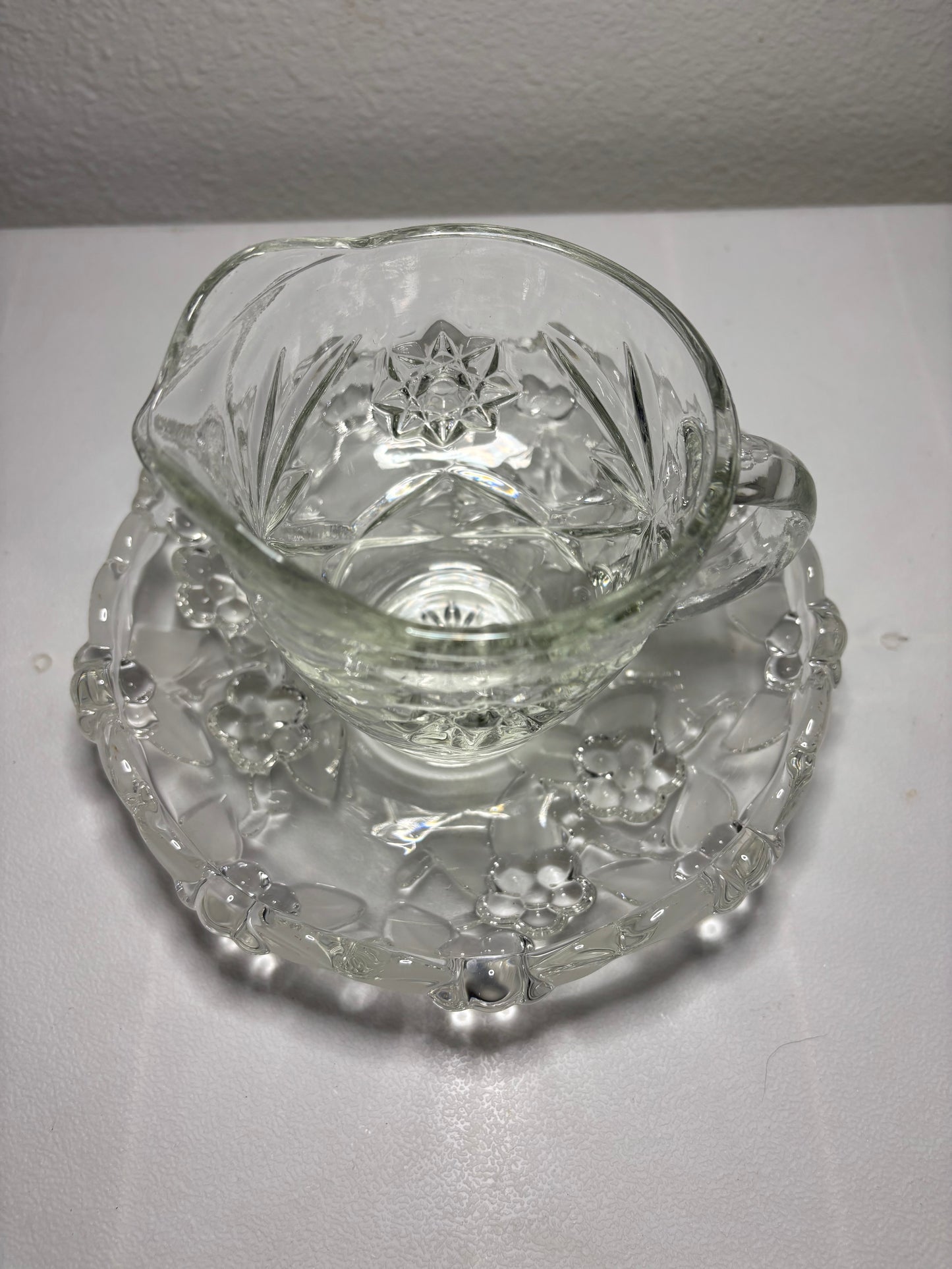 Vintage Pressed Glass Creamer & Plate Set – Floral Pattern – Small Pitcher & Tray