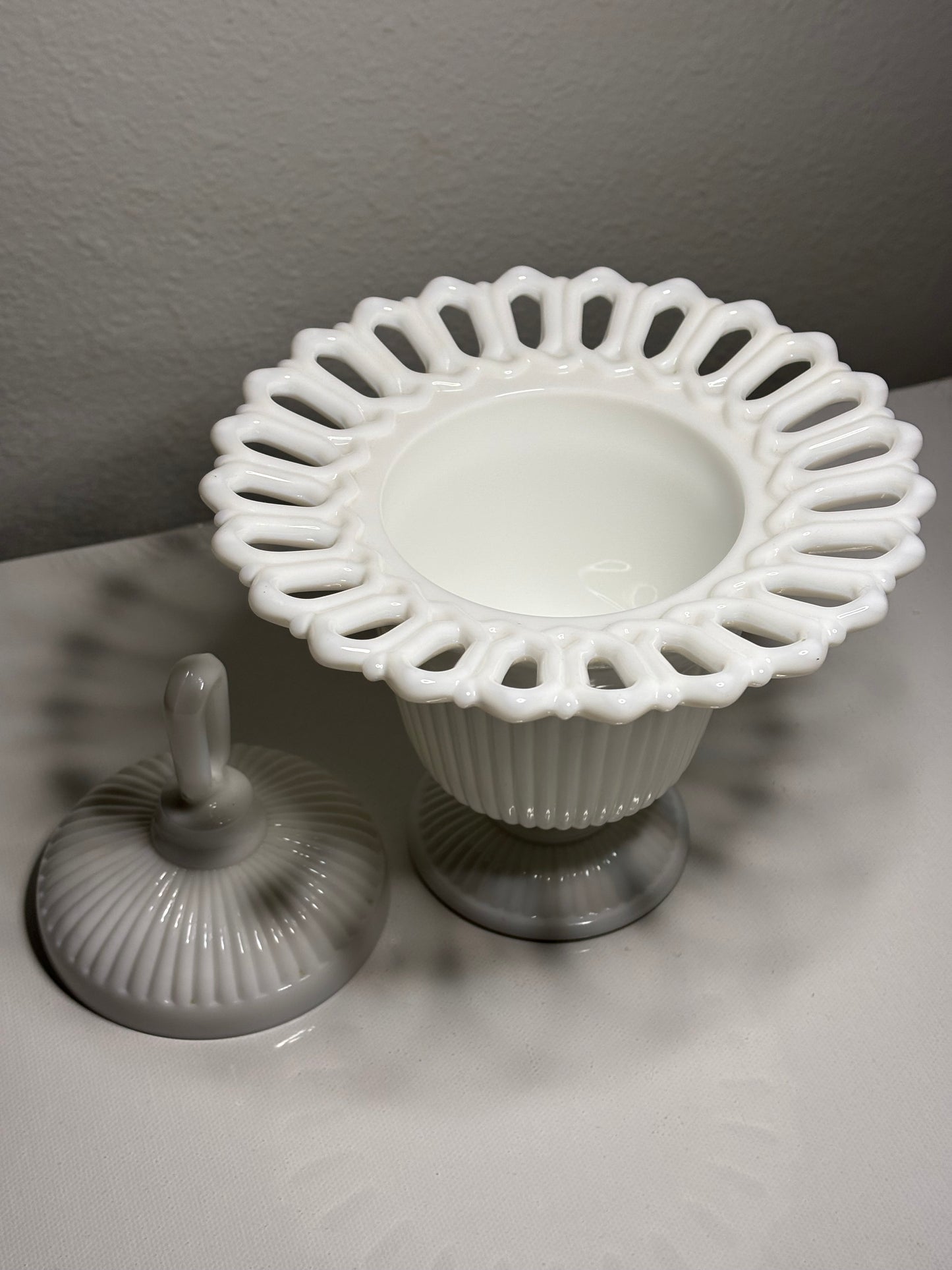 Vintage Milk Glass Lidded Compote with Open Lace Edge – 8" Tall