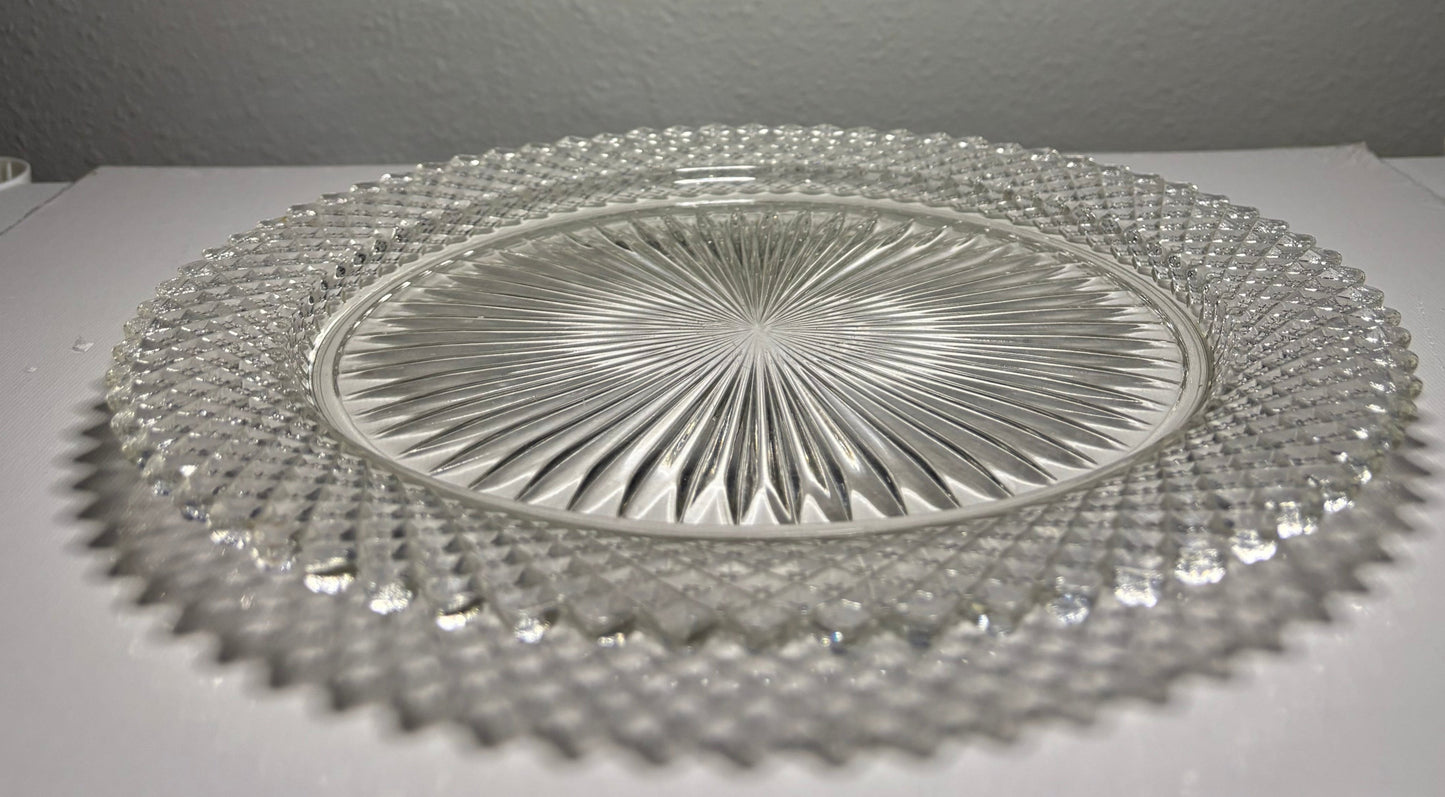 Vintage Clear Glass Sunburst and Diamond Edge Serving Plate – 10"