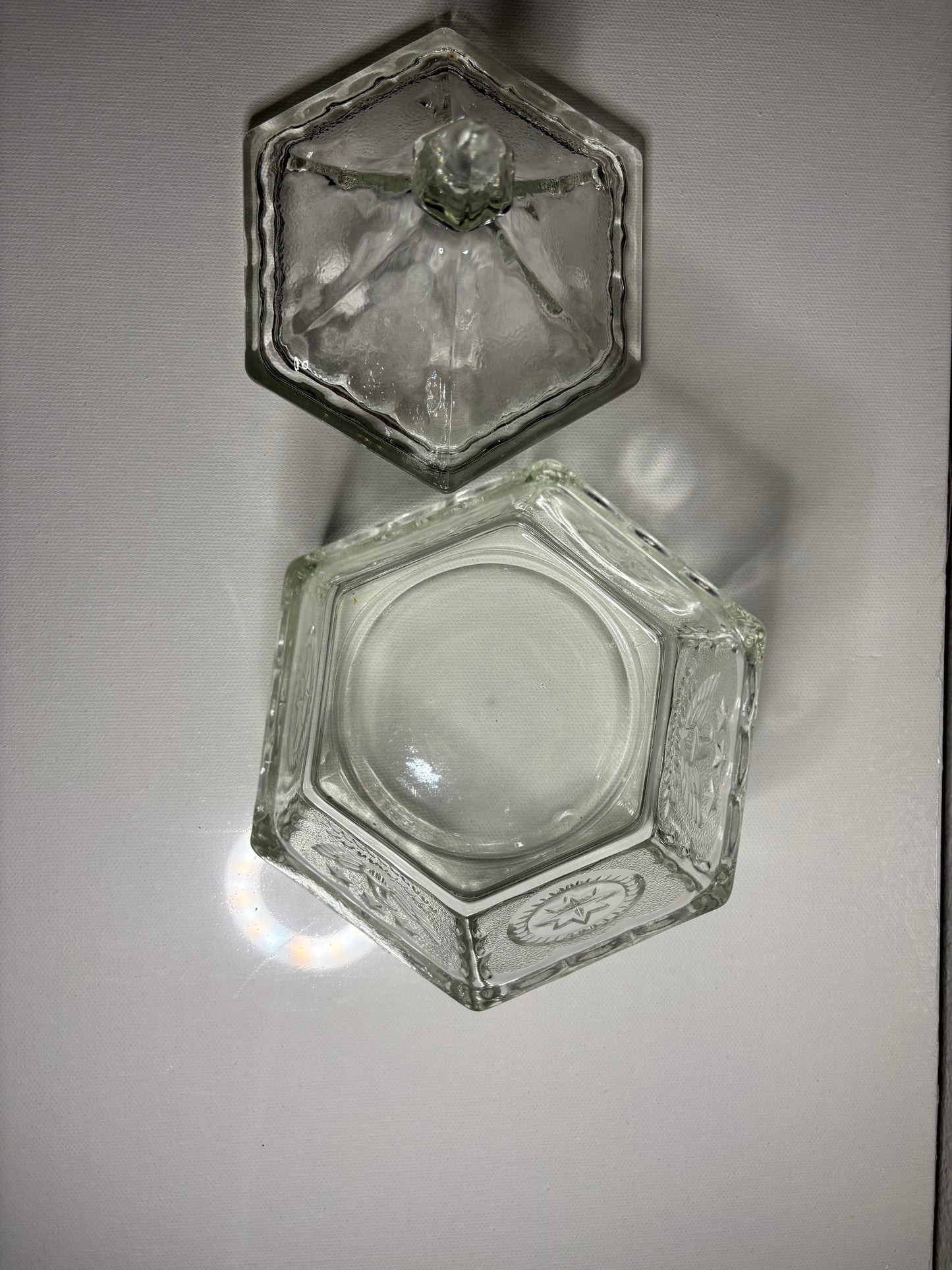 Pressed Glass Hexagonal Trinket Box with Lid – Vintage Star & Leaf Pattern | 6” Tall