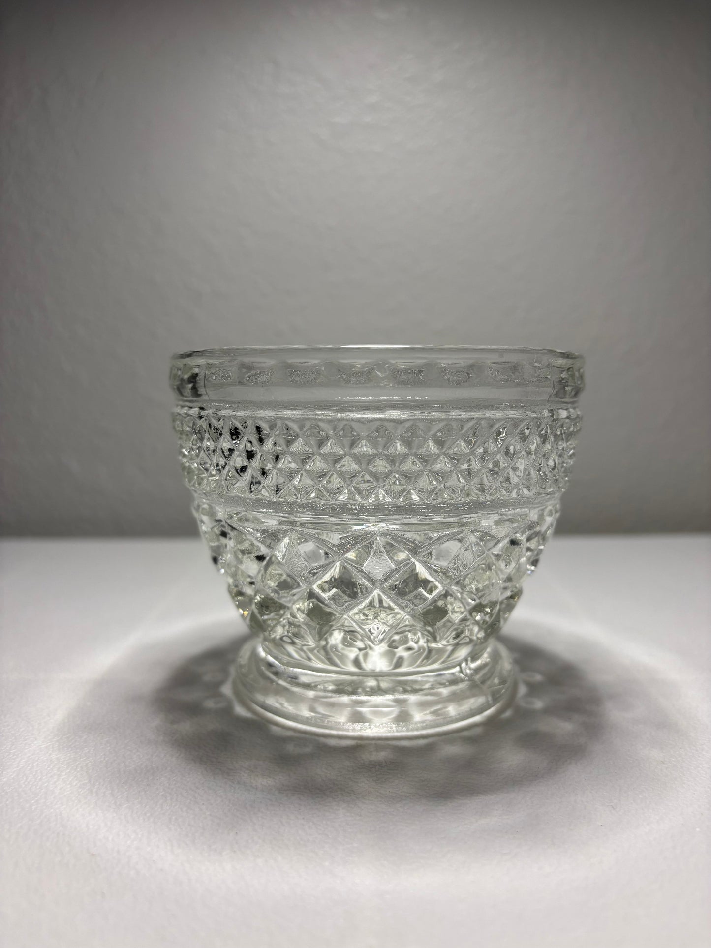 Vintage Diamond-Cut Pressed Glass Bowl – 4” Pedestal Candy Dish