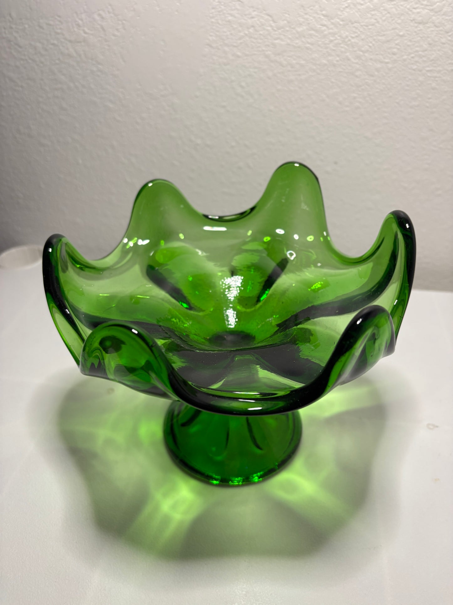 Vintage Green Glass Compote & Plate Set – Mid-Century Pedestal Bowl & Etched Plate