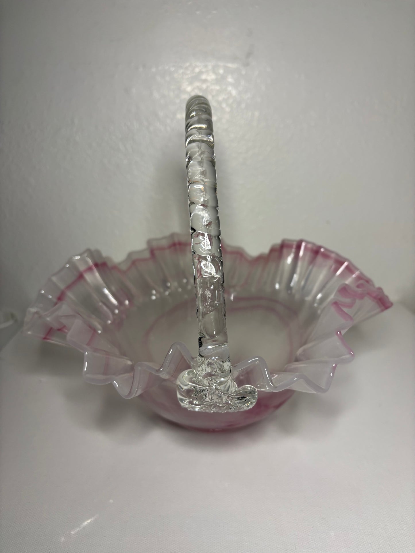 Vintage Pink Ruffled Glass Basket with Twisted Handle – 9”
