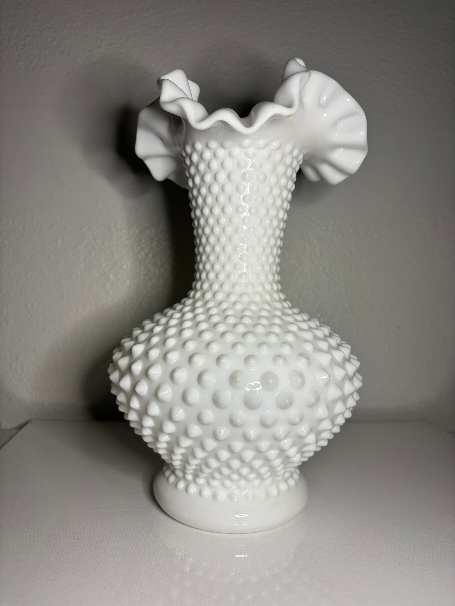 Vintage White Hobnail Milk Glass Vase – 11" Ruffled Edge