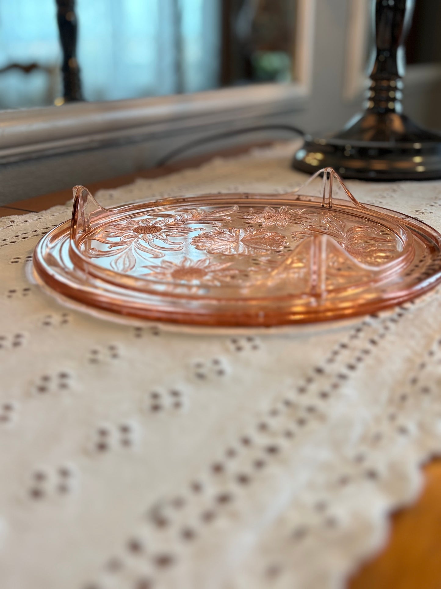 Vintage Pink Depression Glass Footed Cake Plate – Etched Floral Design *
