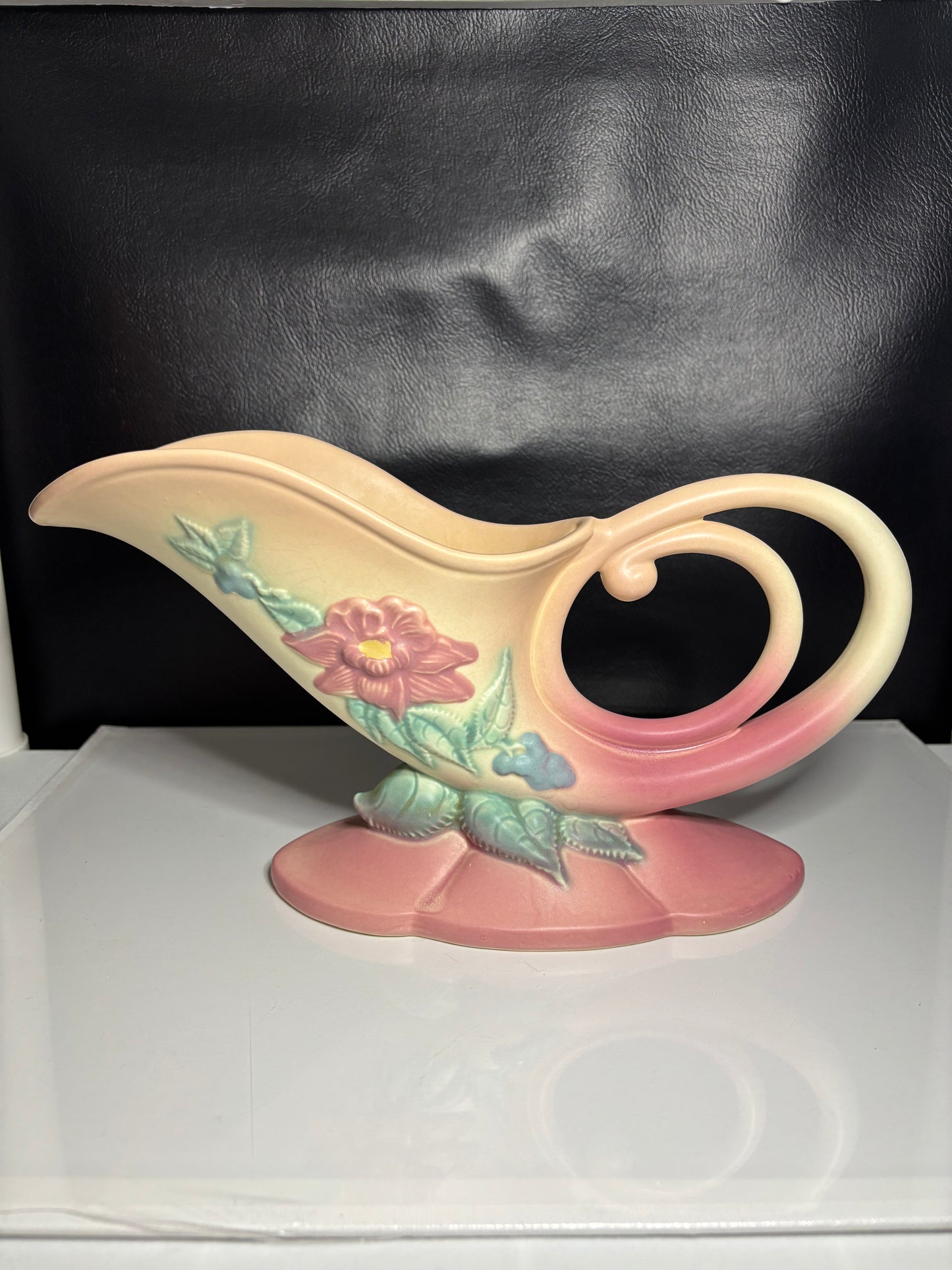 Vintage Pink Floral Cornucopia Vase – 11.5” Long Roseville Style Ceramic