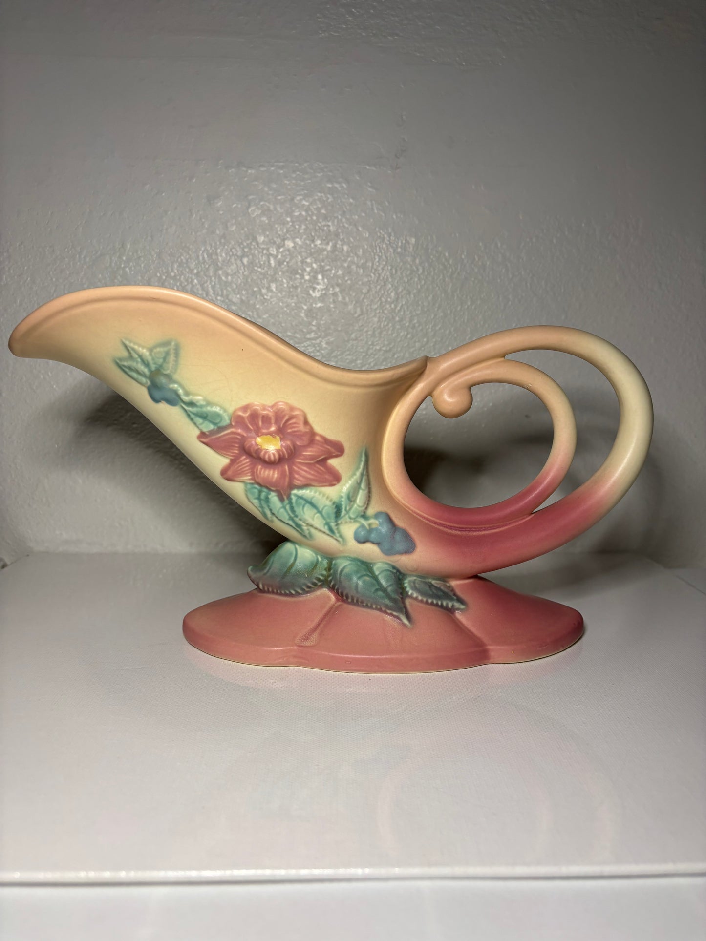 Roseville Style Art Pottery Cornucopia Vase – Pink & Yellow Floral | 11” Long