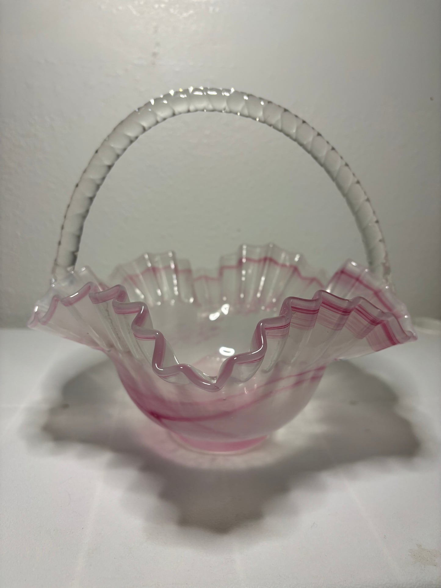 Vintage Pink Ruffled Art Glass Basket – 9" Decorative Handled Bowl