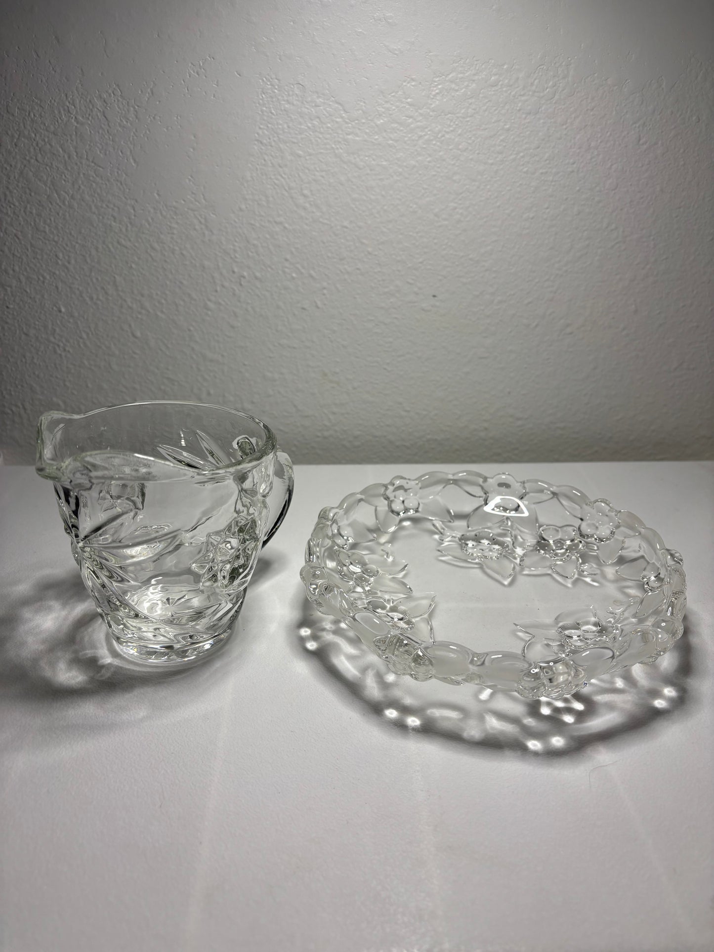 Vintage Pressed Glass Creamer & Plate Set – Floral Pattern – Small Pitcher & Tray