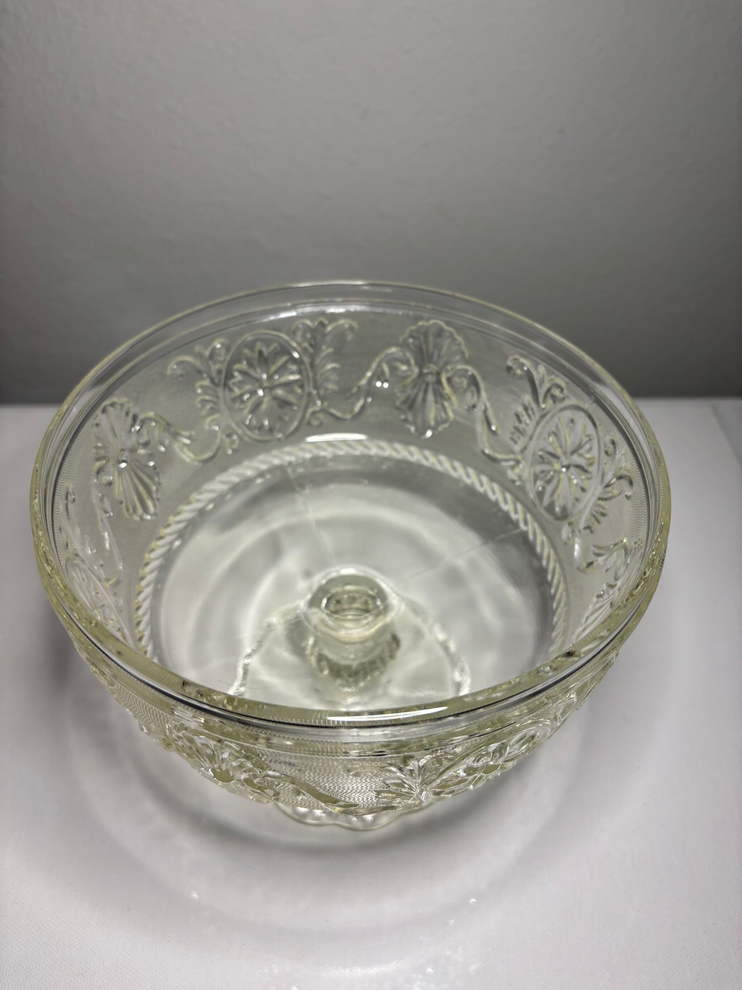 Vintage Pressed Glass Compote Pedestal Bowl – 6.5” Floral & Scroll Design