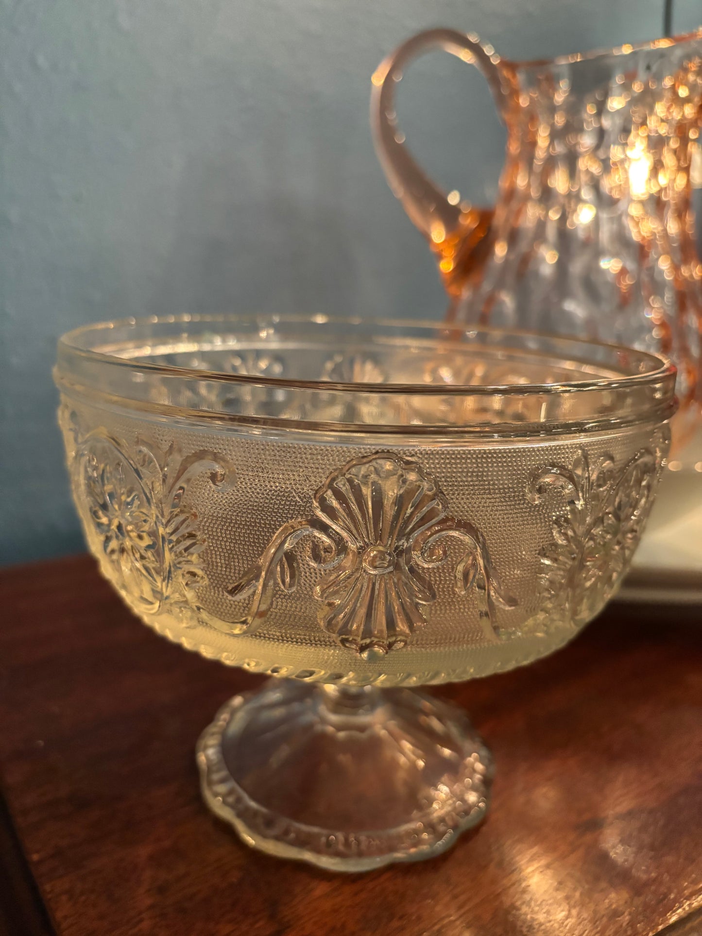 Vintage Pressed Glass Compote Pedestal Bowl – 6.5” Floral & Scroll Design