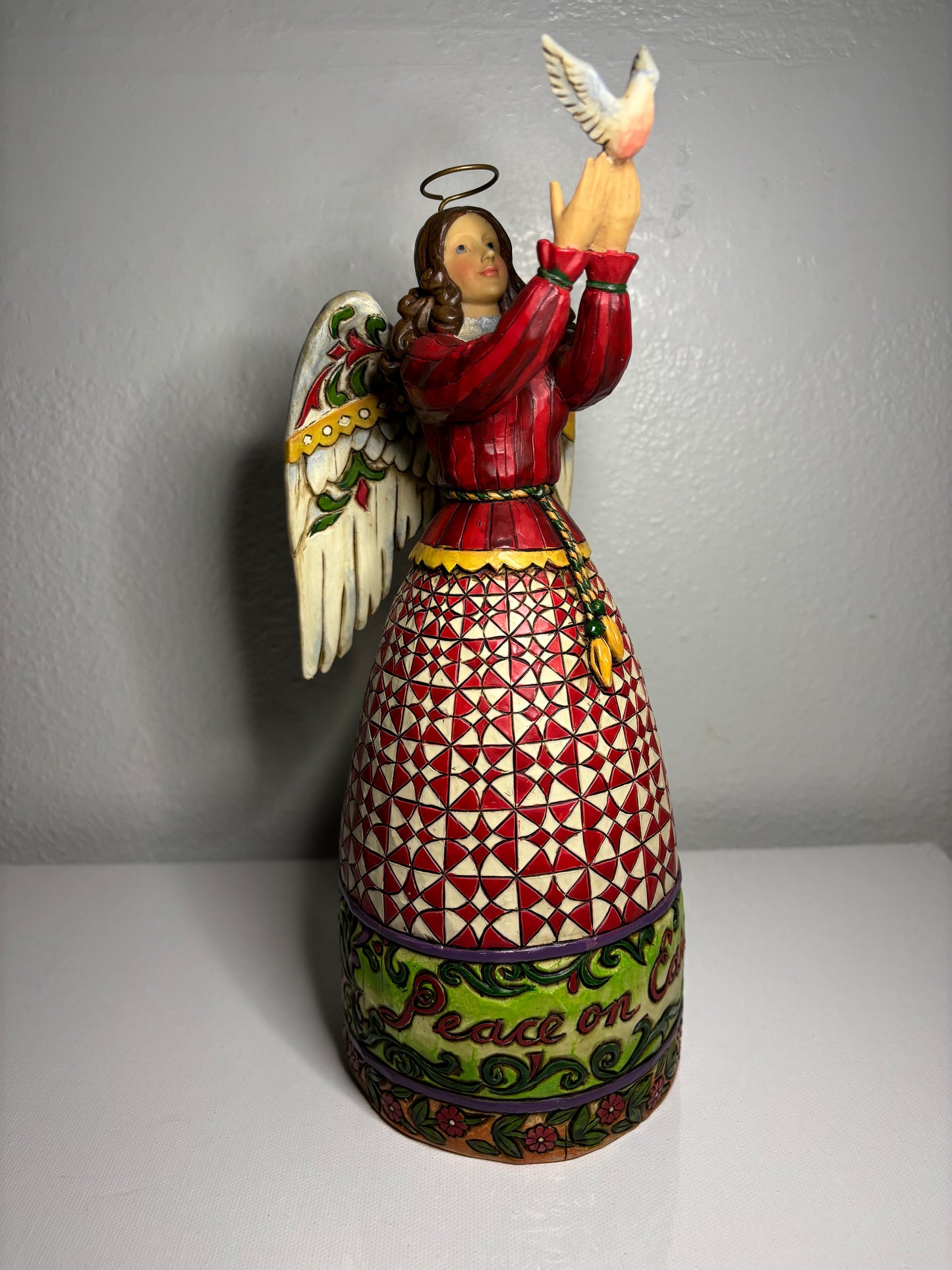 ✨ Peace on Earth Angel Figurine – Quilted Red Holiday Dress | 10” Tall