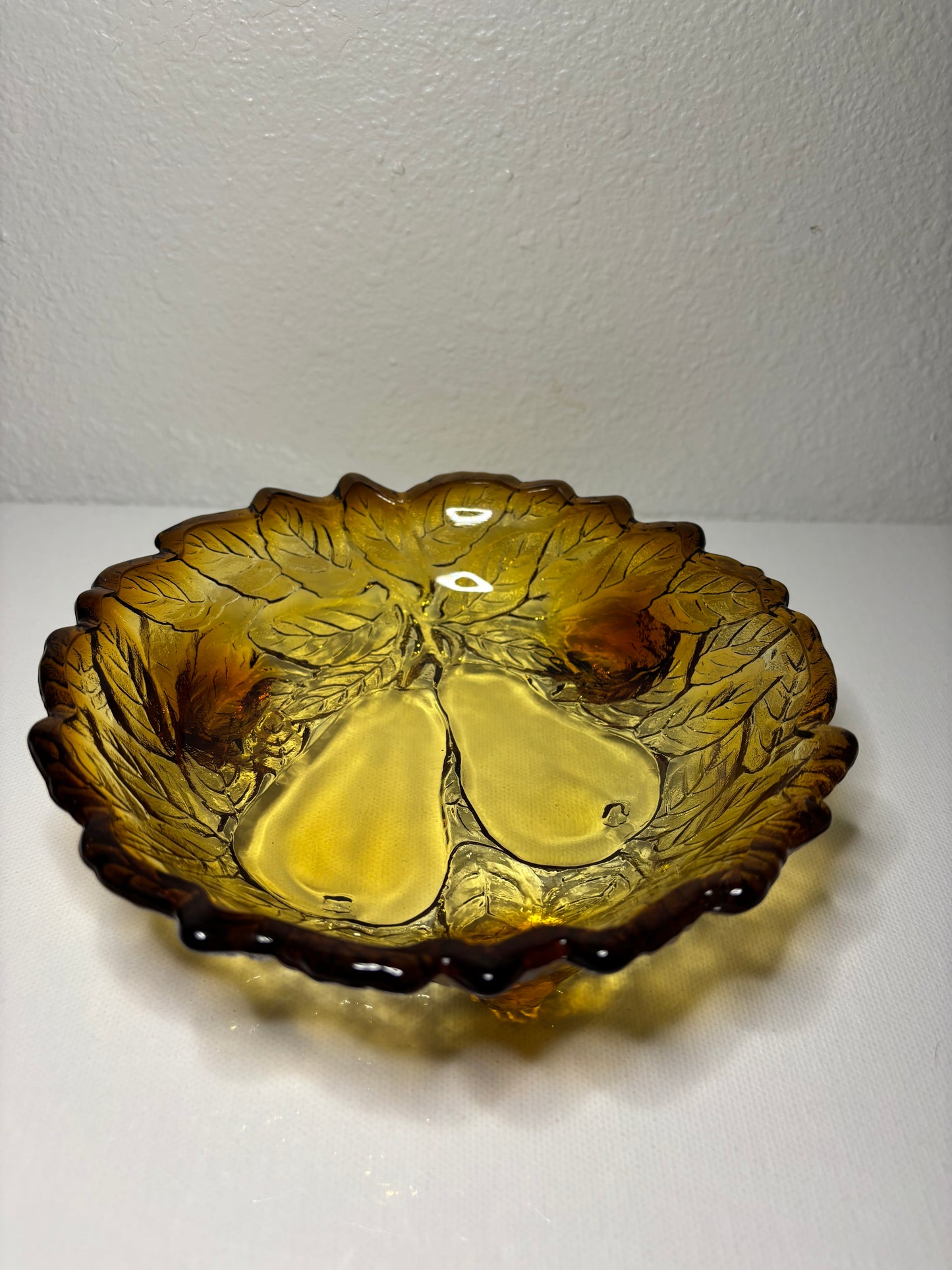 Vintage Amber Glass Leaf Dish with Pear Motif – 6.5”