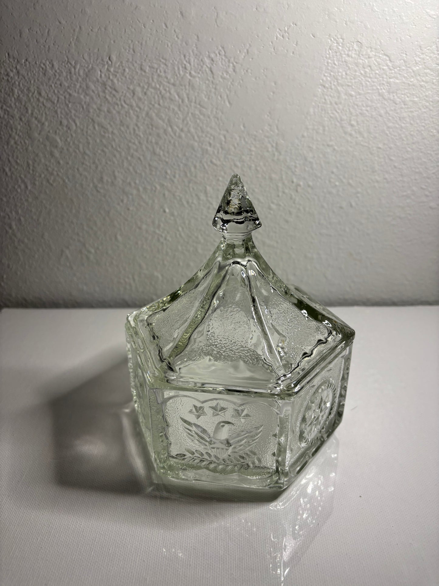 Pressed Glass Hexagonal Trinket Box with Lid – Vintage Star & Leaf Pattern | 6” Tall