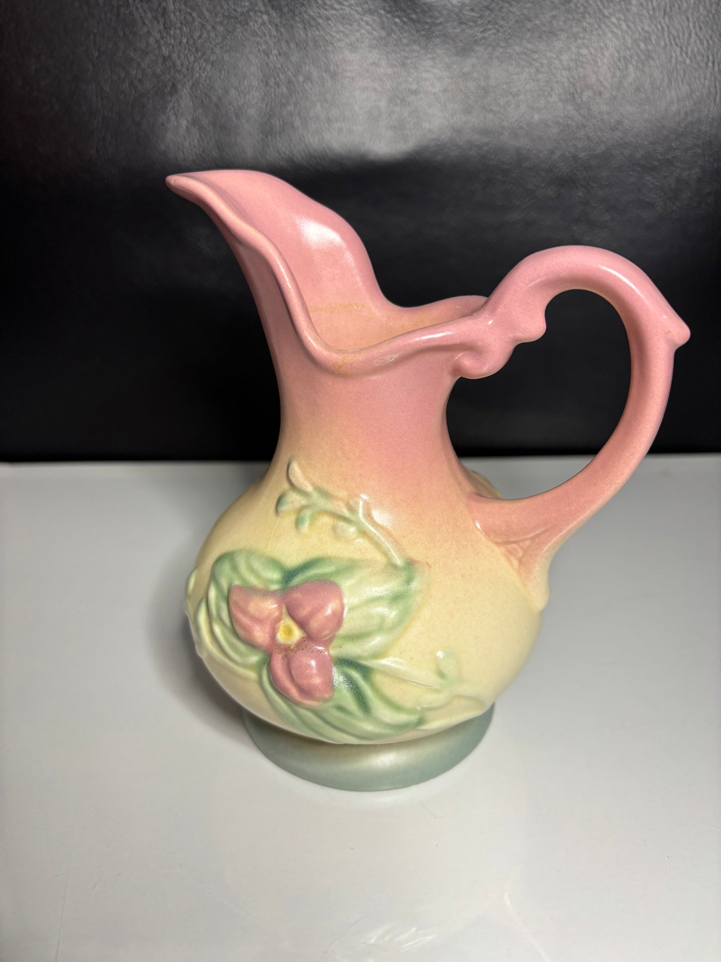 Vintage Roseville Style Pink & Cream Floral Embossed Ewer Vase – 6” Tall