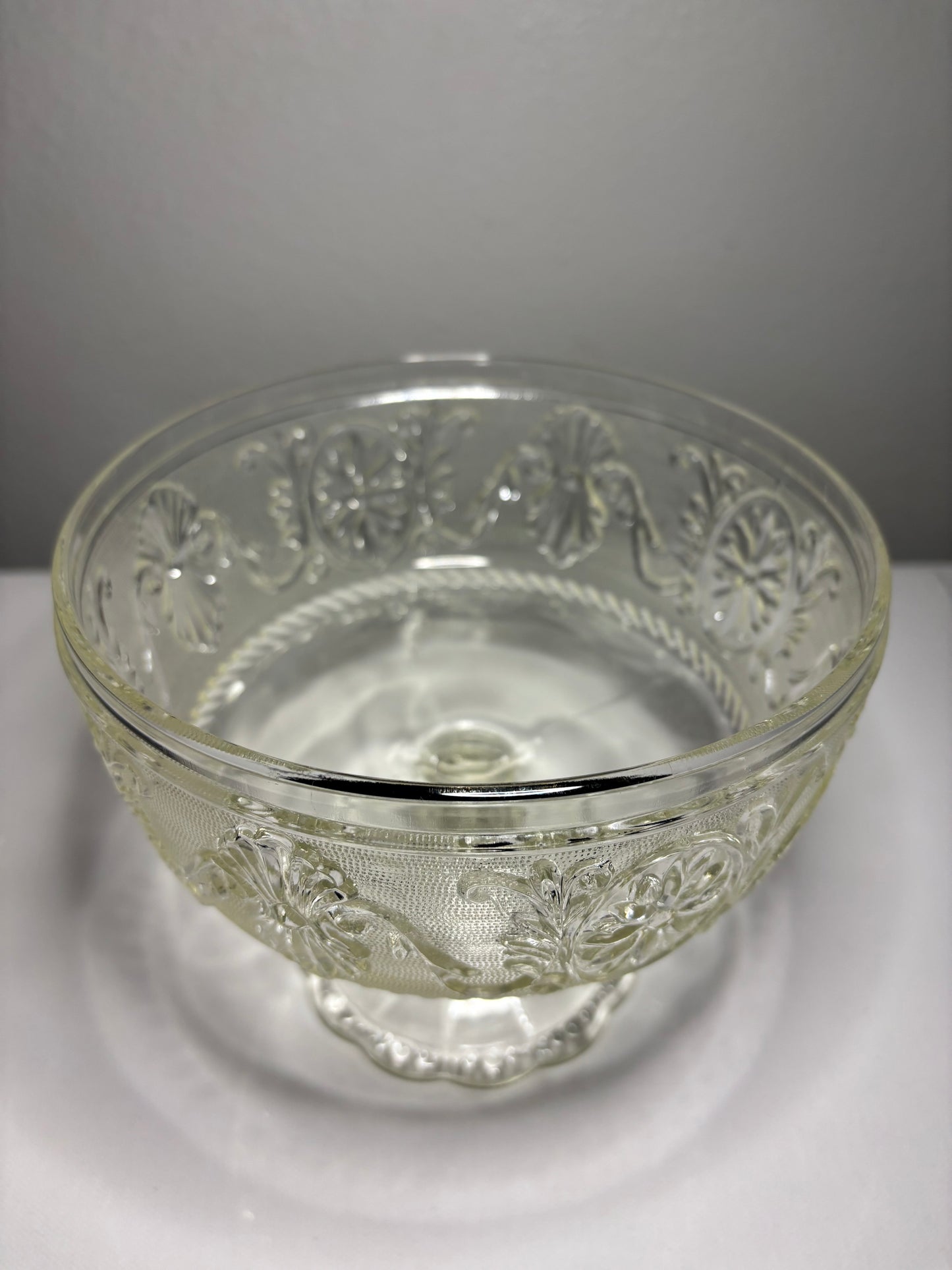 Vintage Pressed Glass Compote Pedestal Bowl – 6.5” Floral & Scroll Design
