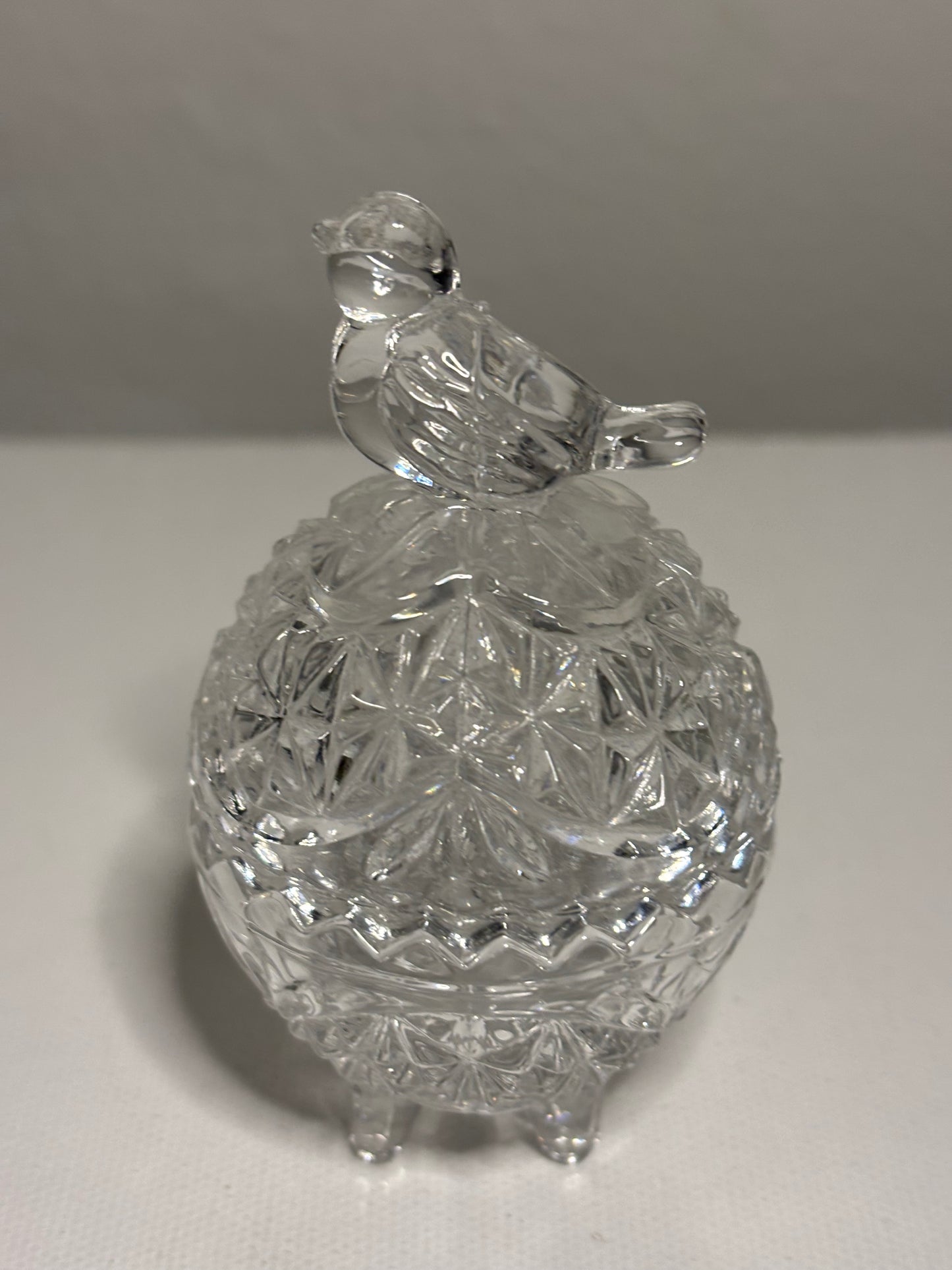Vintage Pressed Glass Trinket Box with Bird Finial – Lidded Decorative Dish