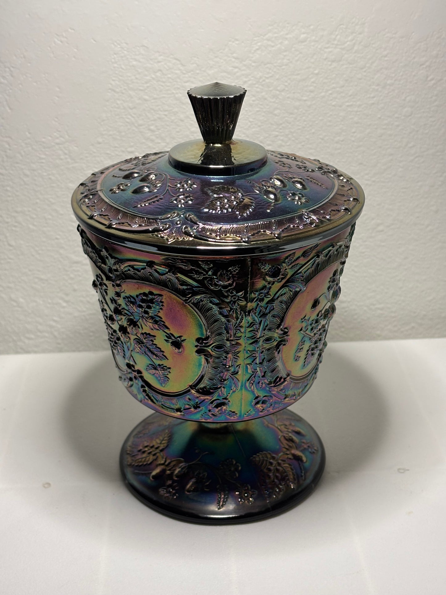 Large Iridescent Carnival Glass Lidded Compote – 9.5" Tall – Vintage Grape Motif