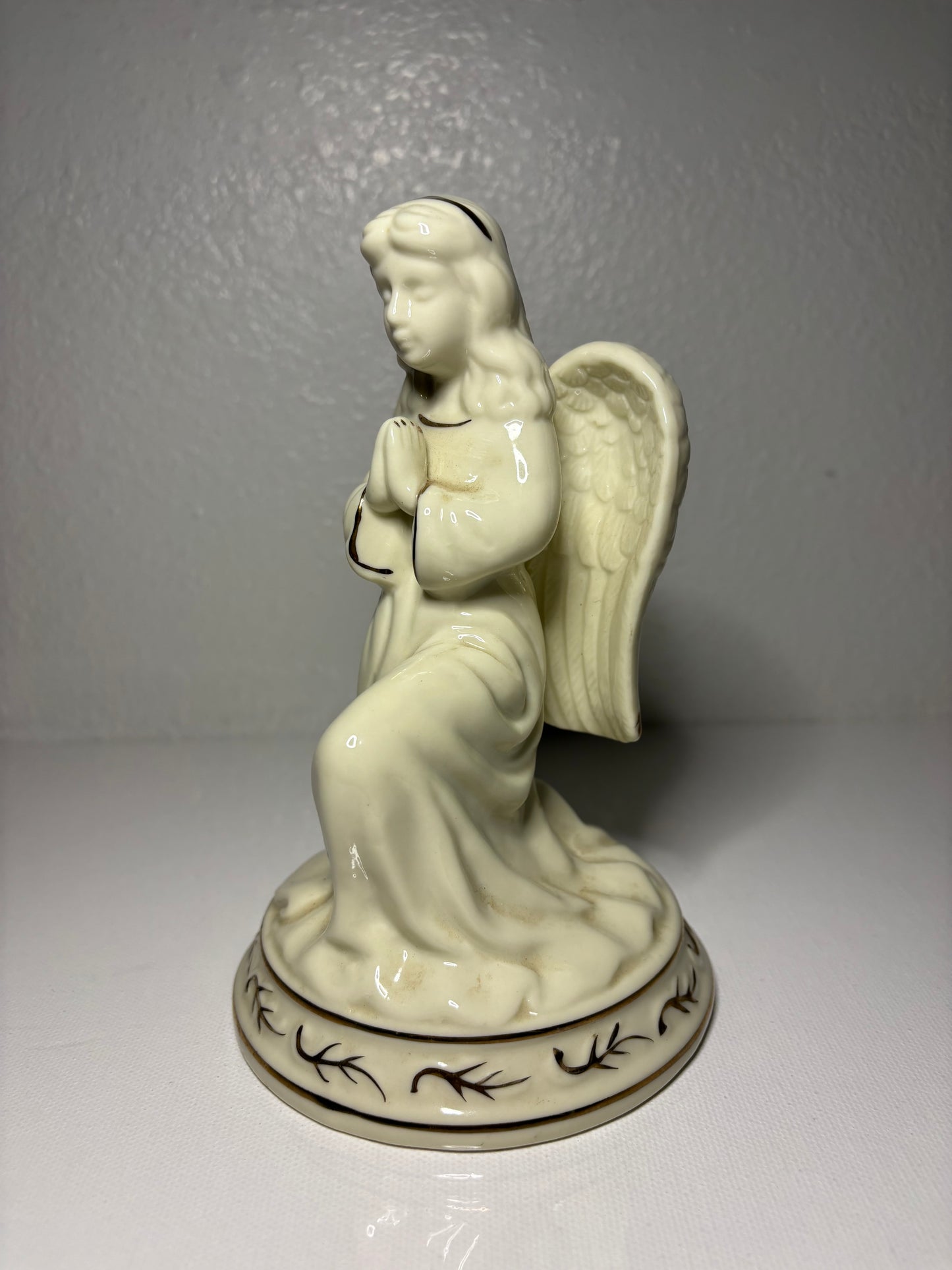 Vintage Porcelain Kneeling Angel Figurine – Ivory with Hand-Painted Accents | 7” Tall