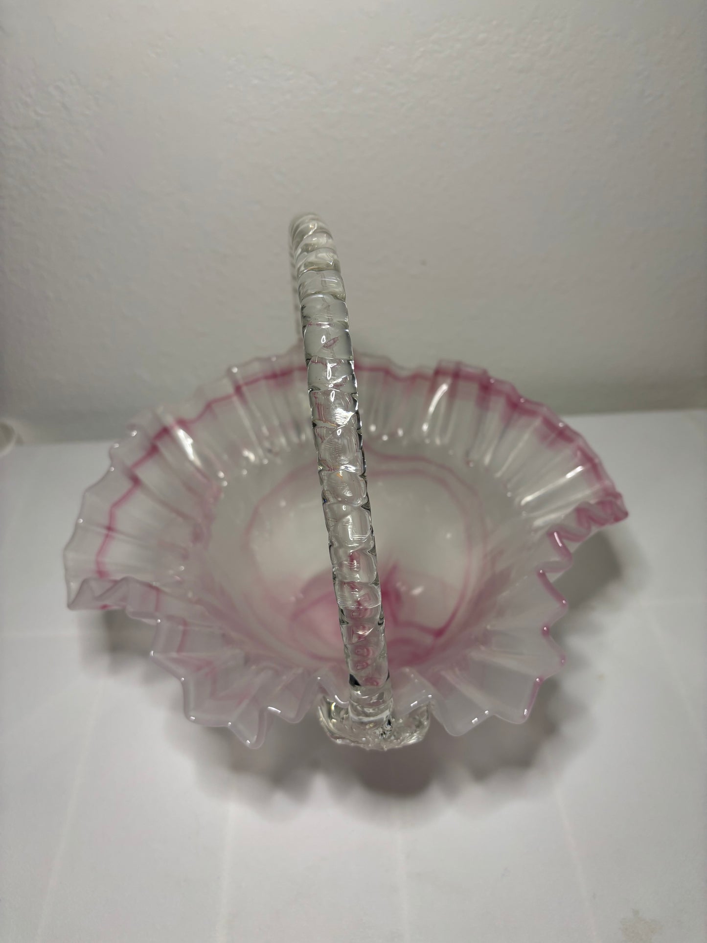 Vintage Pink Ruffled Art Glass Basket – 9" Decorative Handled Bowl