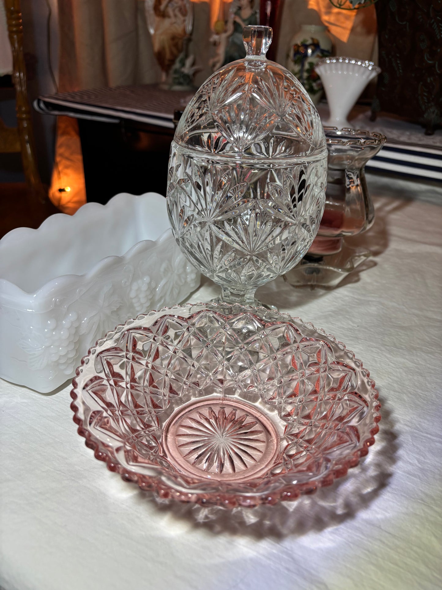 Vintage Pink Pressed Glass Bowl – Diamond Point with Starburst Base, 6.5"
