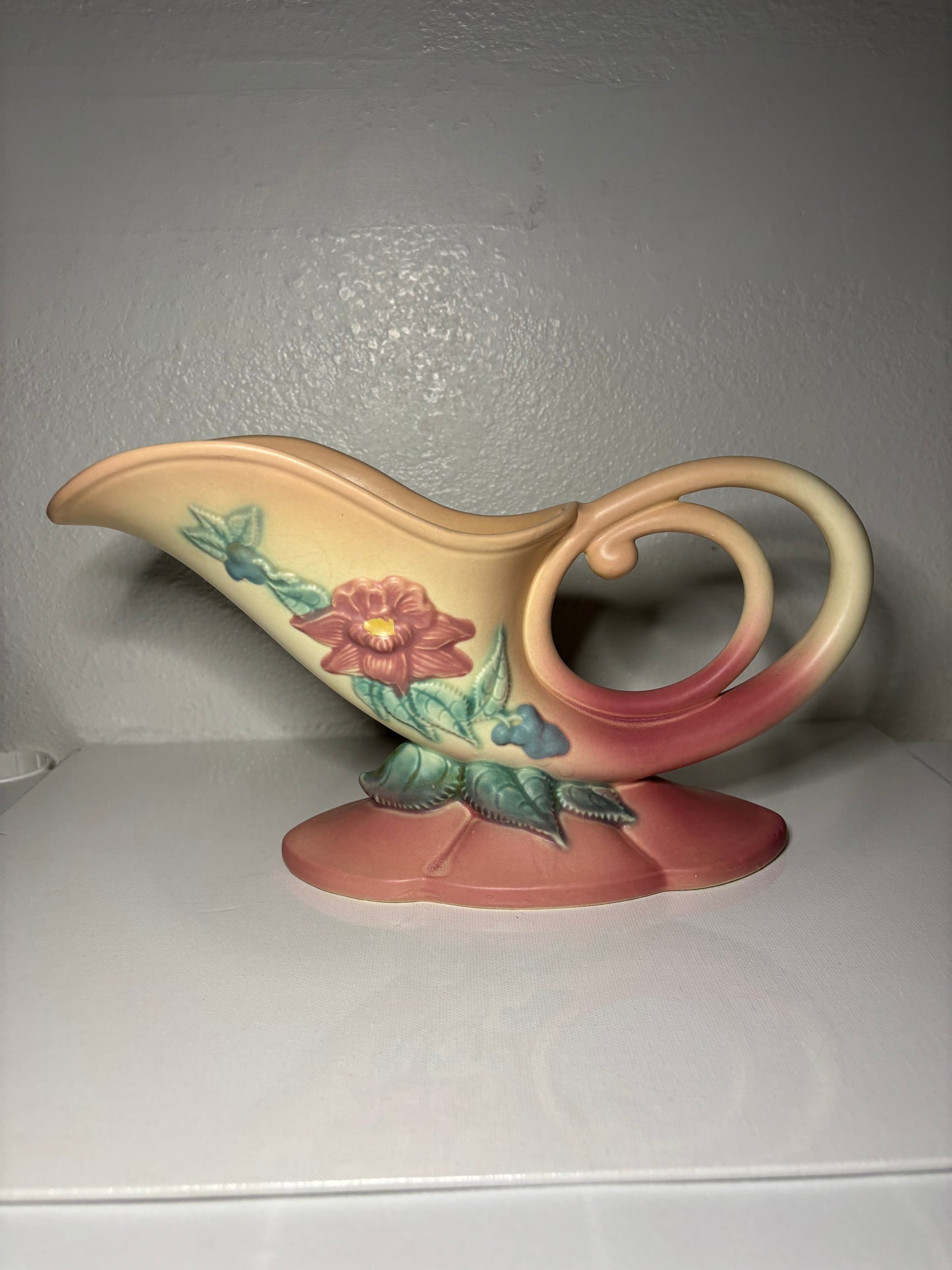 Roseville Style Art Pottery Cornucopia Vase – Pink & Yellow Floral | 11” Long