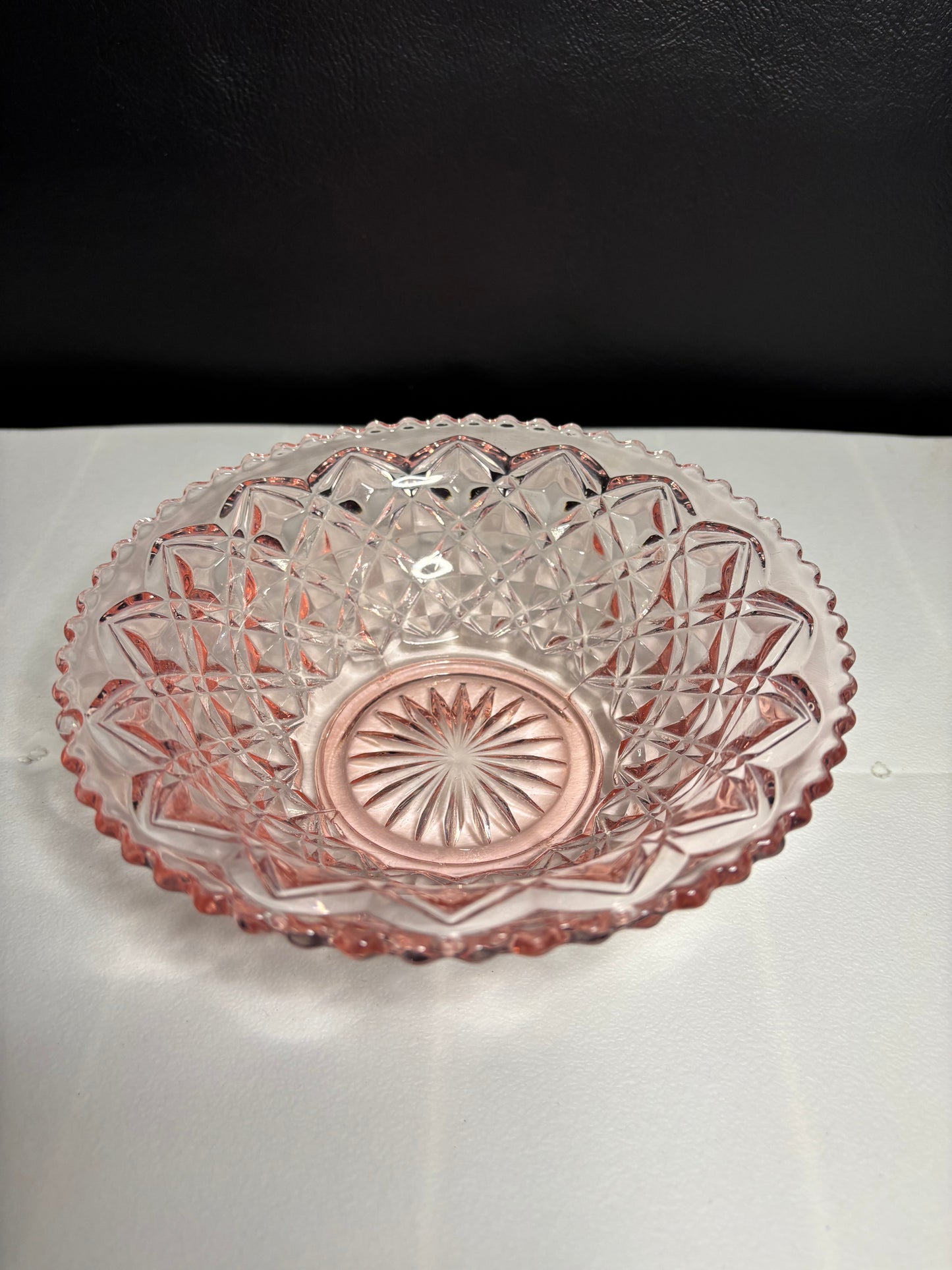 Vintage Pink Pressed Glass Bowl – Diamond Point with Starburst Base, 6.5"