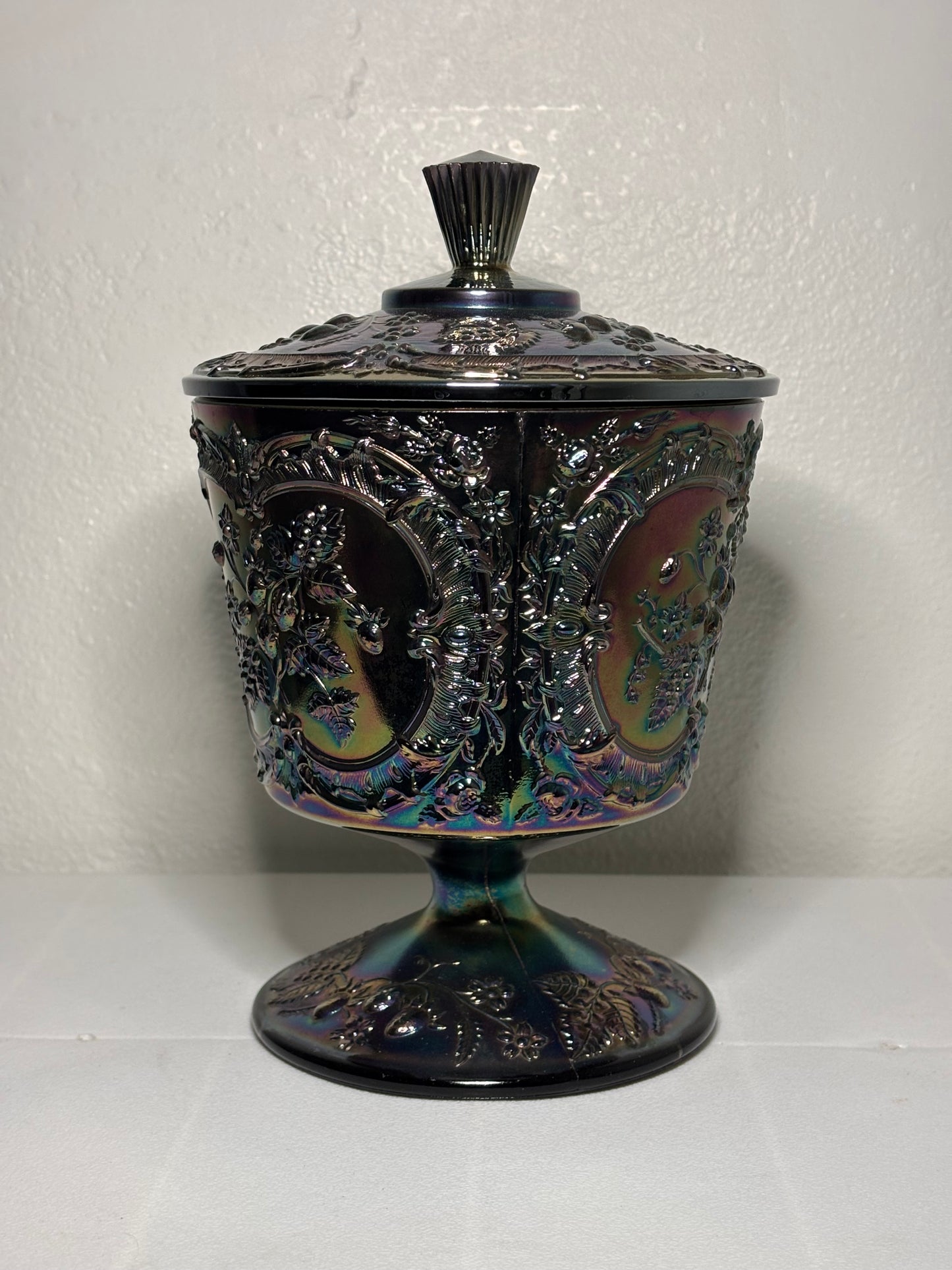 Large Iridescent Carnival Glass Lidded Compote – 9.5" Tall – Vintage Grape Motif