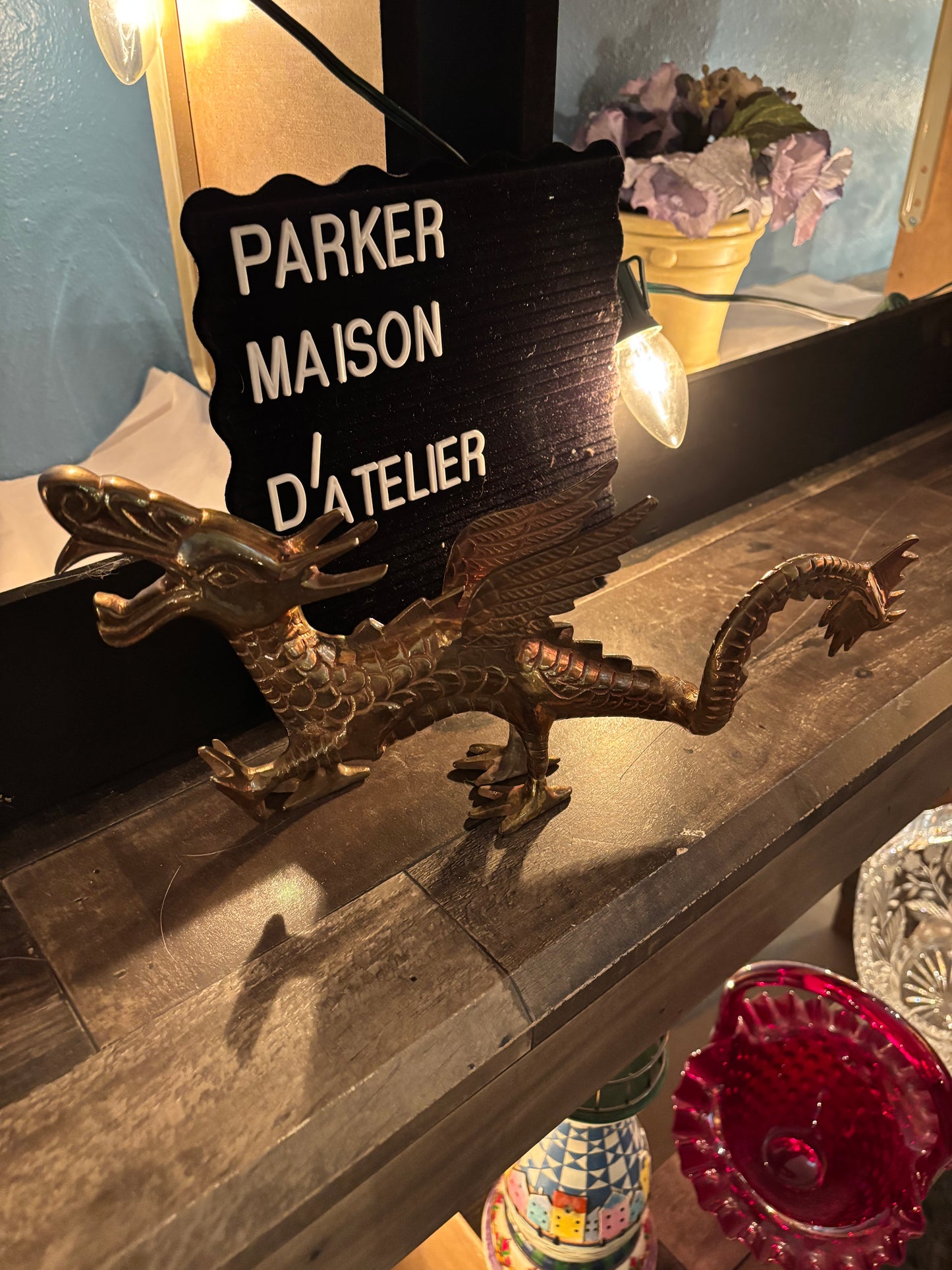 Vintage Solid Brass Winged Dragon Figurine – 12” Long – Mythical Decor