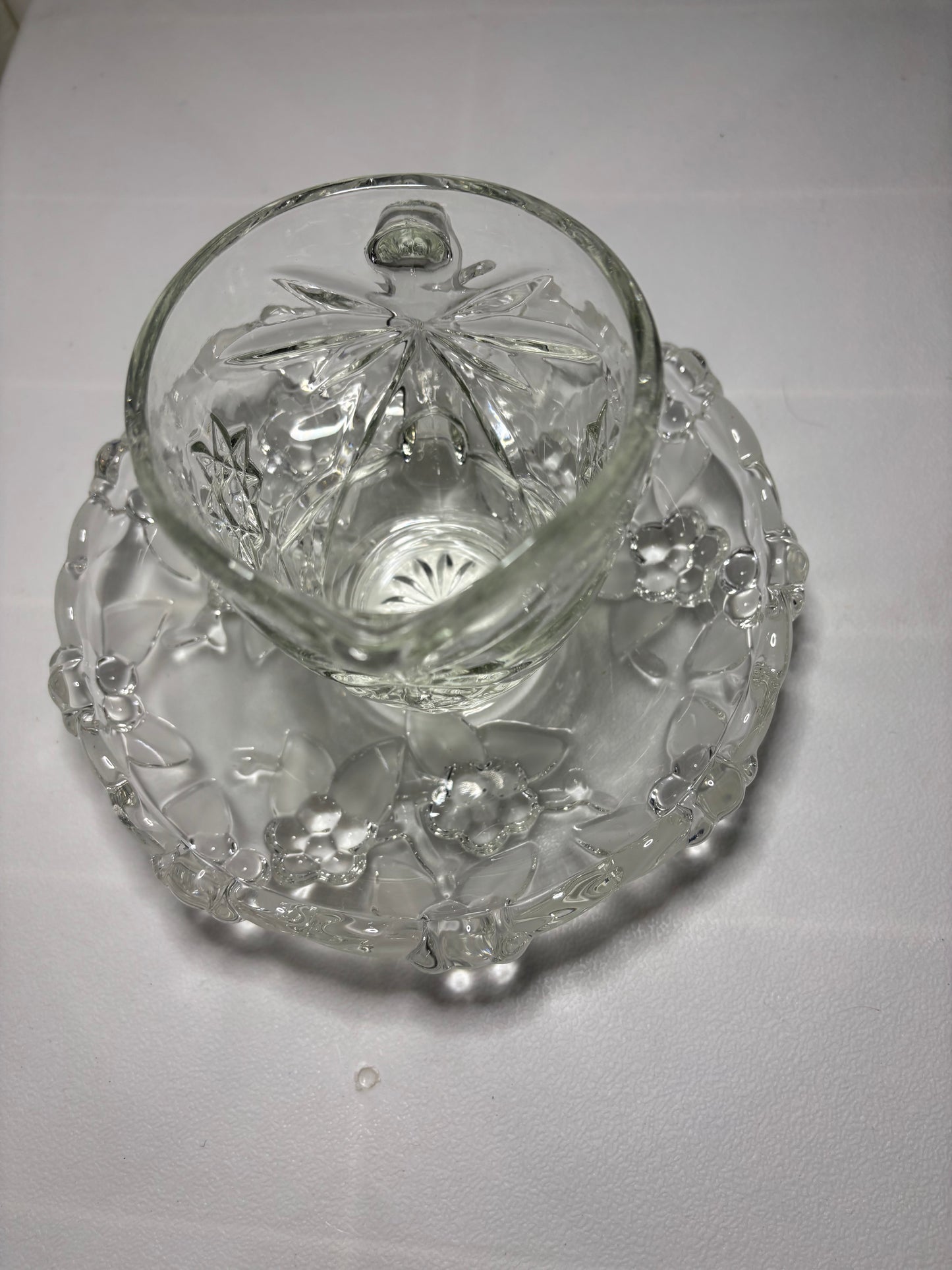 Vintage Pressed Glass Creamer & Plate Set – Floral Pattern – Small Pitcher & Tray