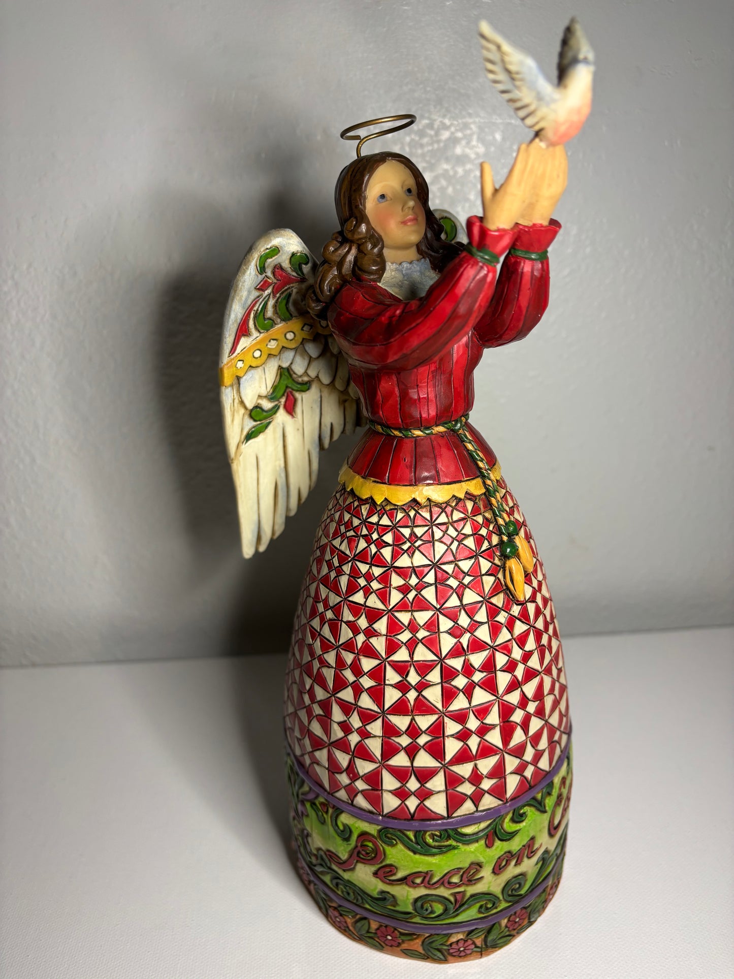 ✨ Peace on Earth Angel Figurine – Quilted Red Holiday Dress | 10” Tall