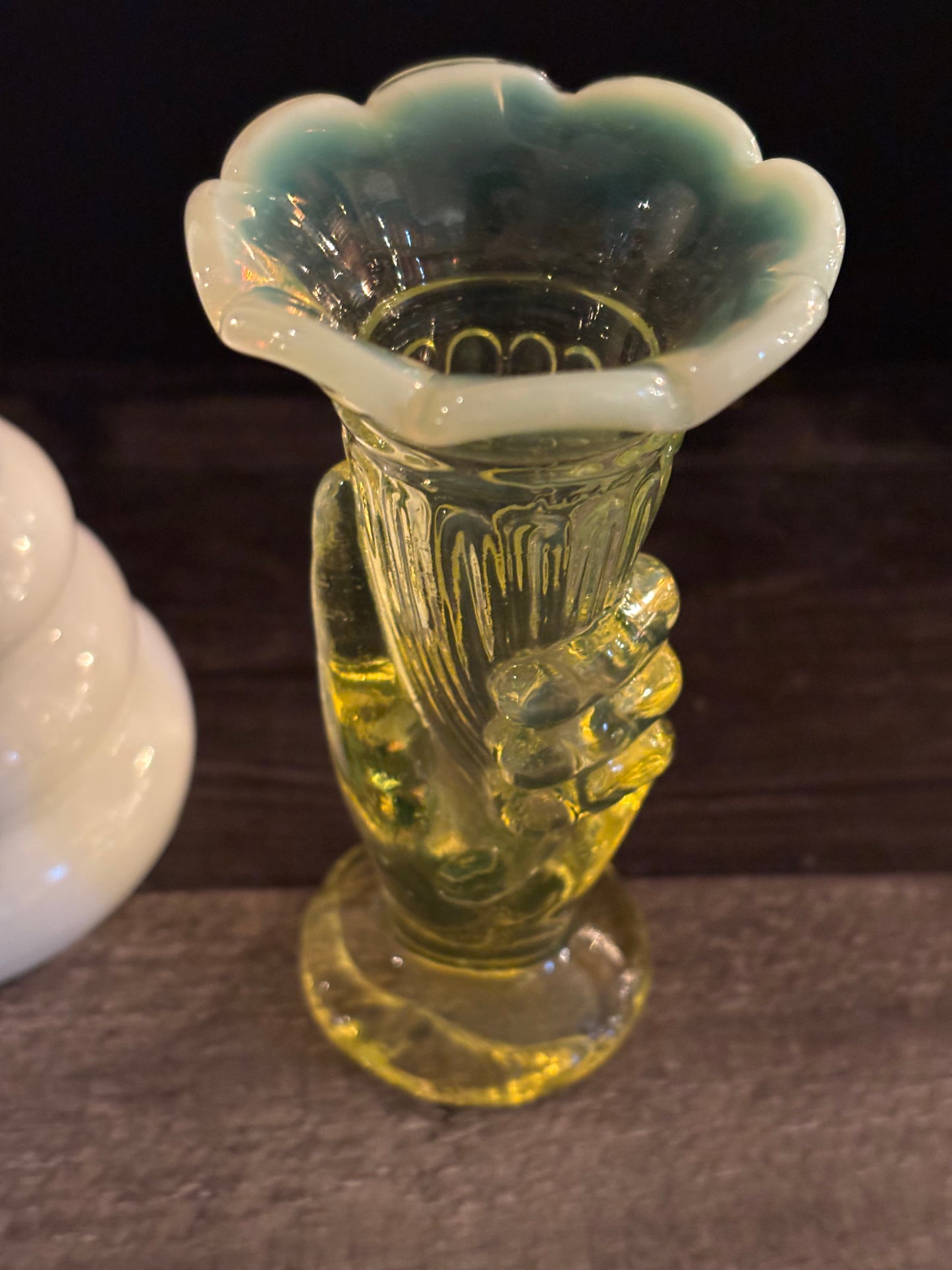Vintage Vaseline Glass Hand Vase – 4" Tall with Opalescent Rim