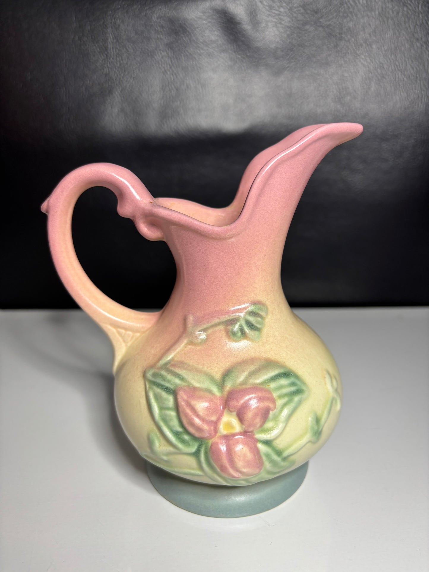 Vintage Roseville Style Pink & Cream Floral Embossed Ewer Vase – 6” Tall