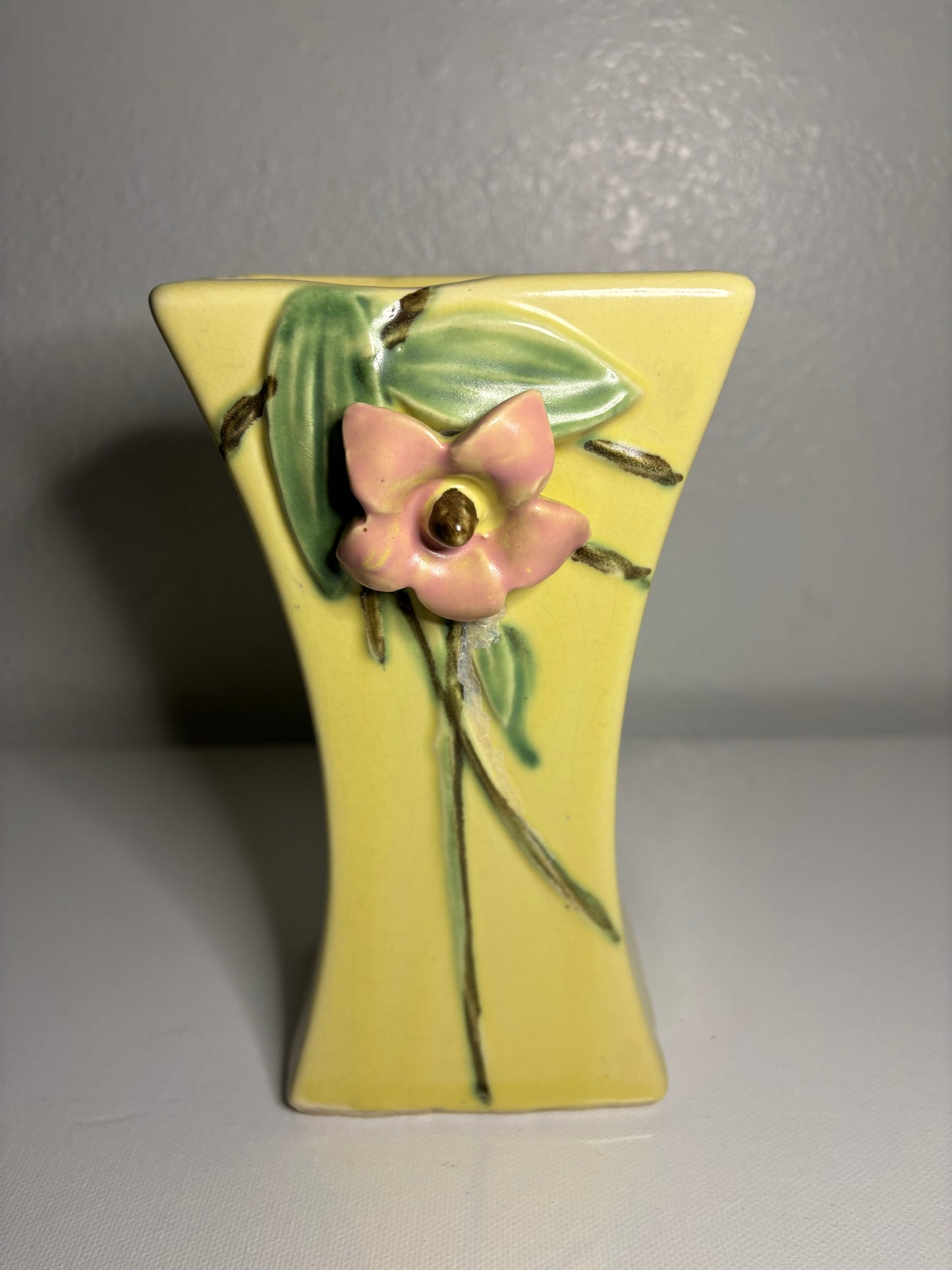 Vintage Art Pottery Bud Vase – Pink Flower Relief on Soft Yellow | 6.5” Tall