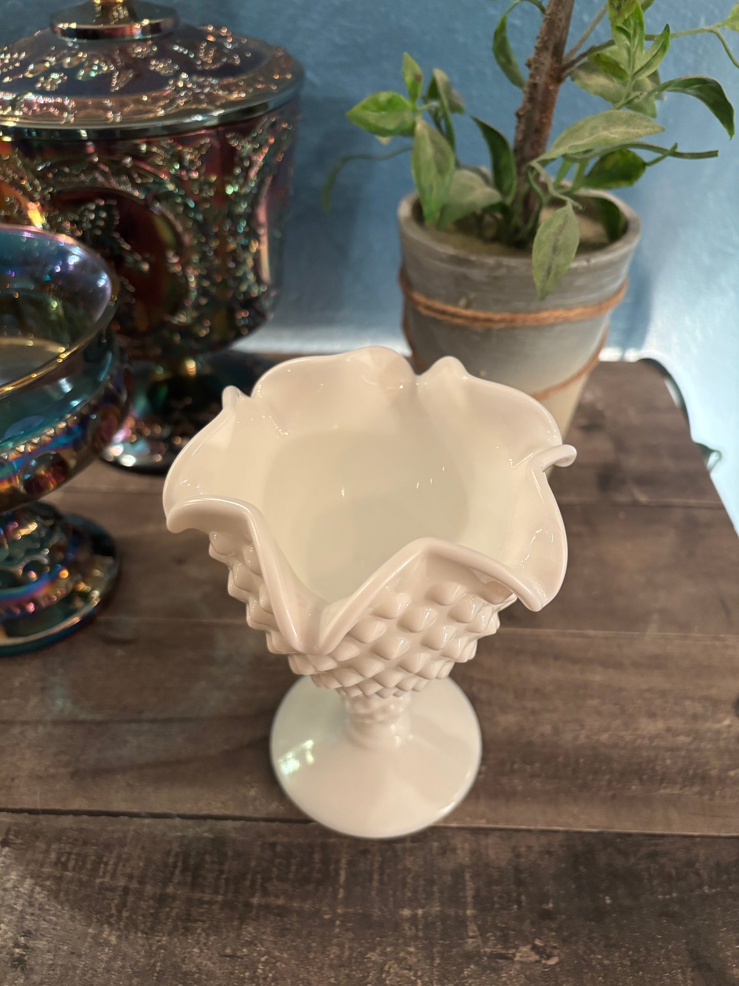 Vintage Milk Glass Hobnail Compote Goblet – Ruffled Edge | 5.5” Tall