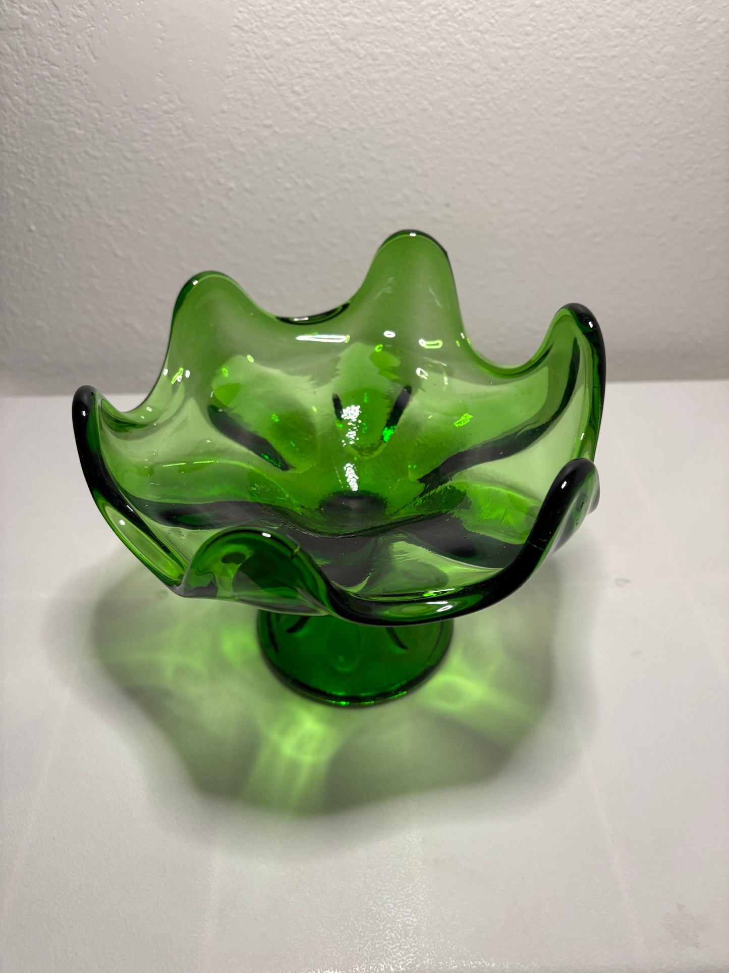 Vintage Green Glass Compote & Plate Set – Mid-Century Pedestal Bowl & Etched Plate