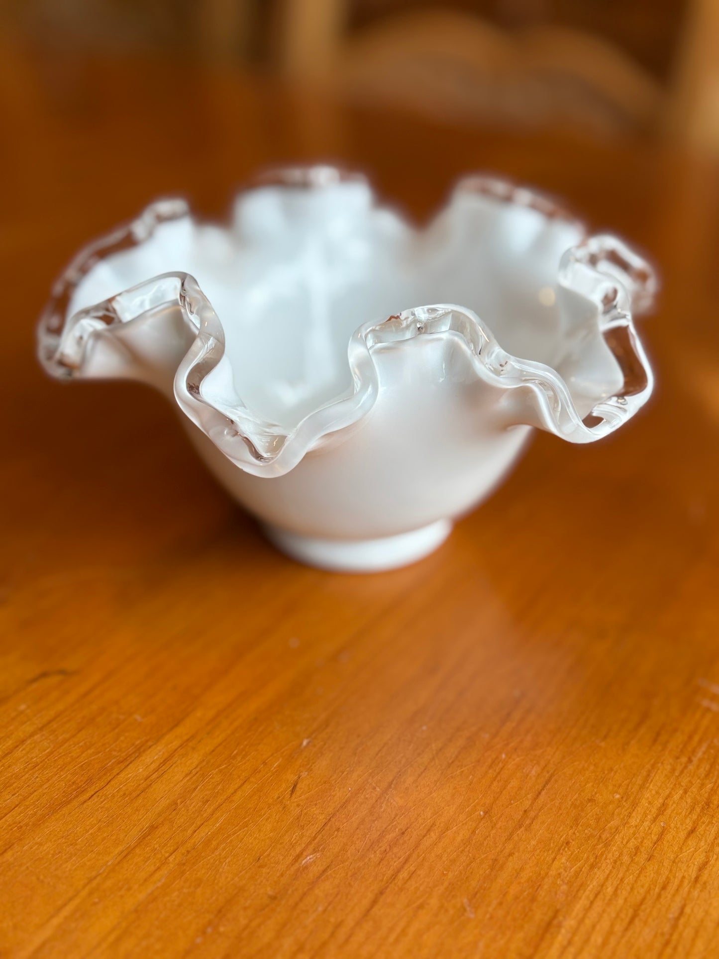 Vintage Fenton Milk Glass Ruffled Bowl – 7" Silver Crest Crimped Edge *