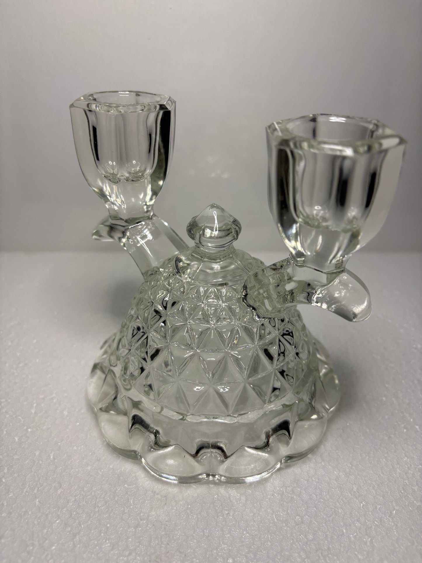 Vintage Pressed Glass Double Candle Holder – Diamond Dome Base, 4.5"