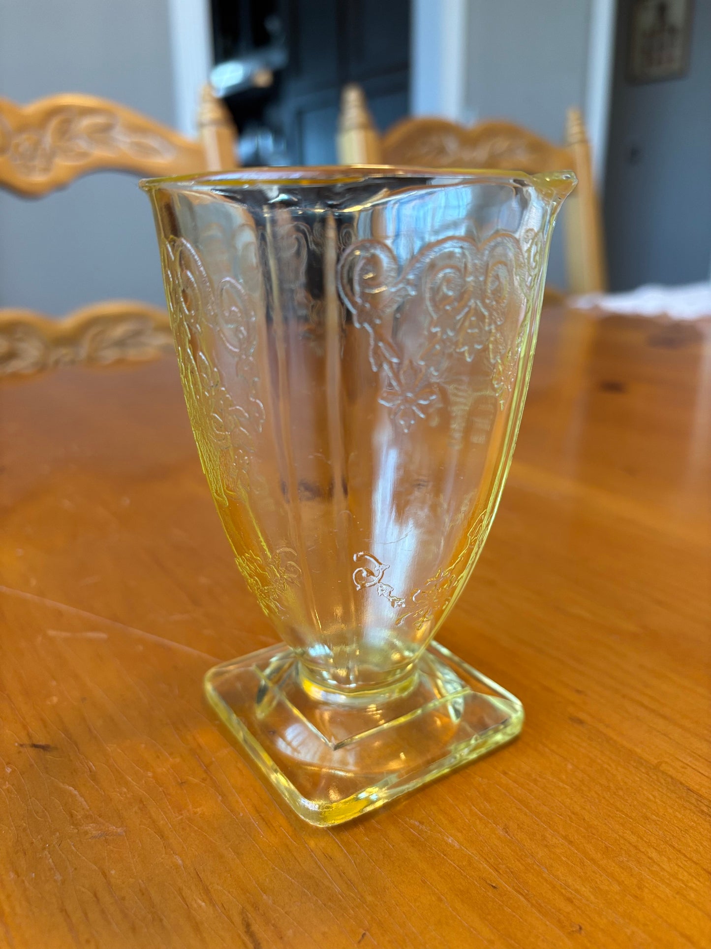 Vintage Lemon Yellow Depression Glass Vase – Etched Floral Design