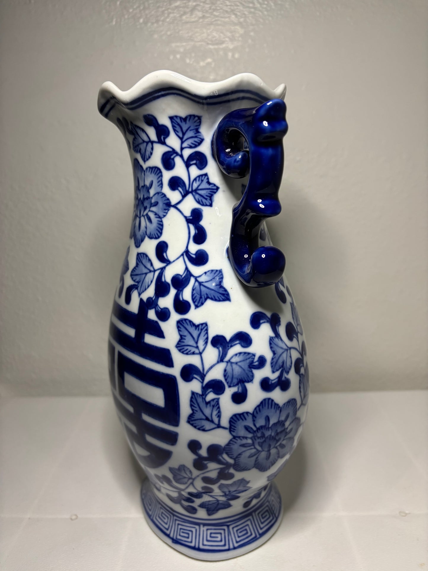 Blue & White Porcelain Vase – Double Happiness Symbol – 10” Tall