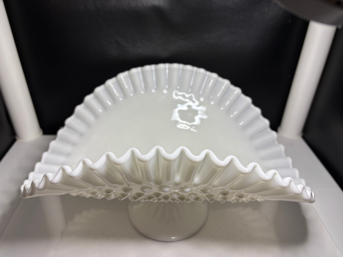 Vintage Fenton Style Milk Glass Hobnail Fan Vase – 13” Wide