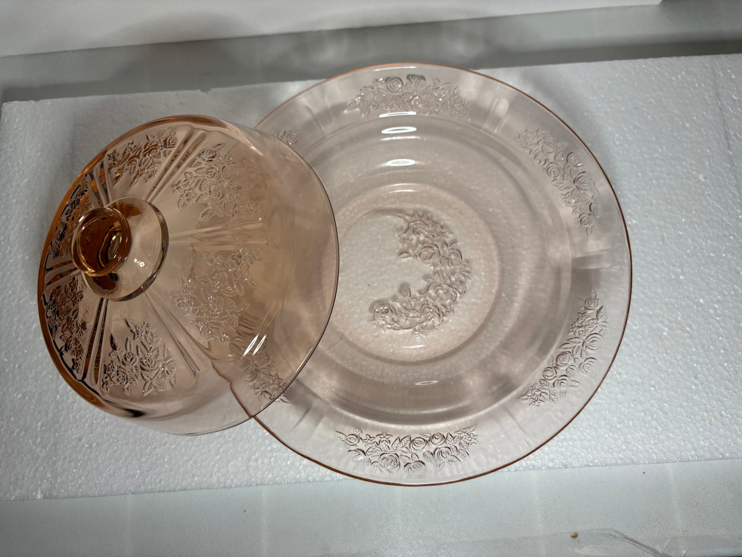 Vintage Pink Depression Glass Covered Serving Dish – Floral Etched Pattern