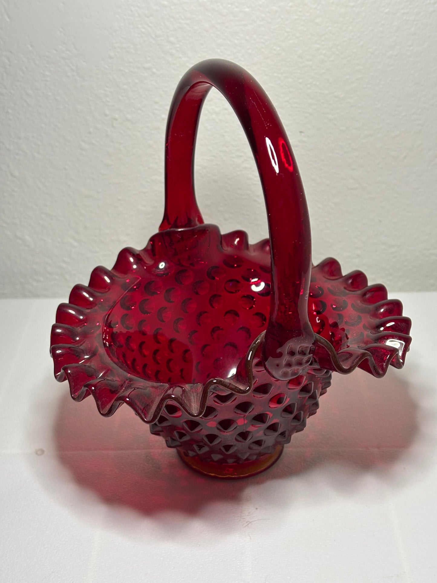 Vintage Ruby Red Hobnail Glass Basket – Ruffled Edge – Fenton Style