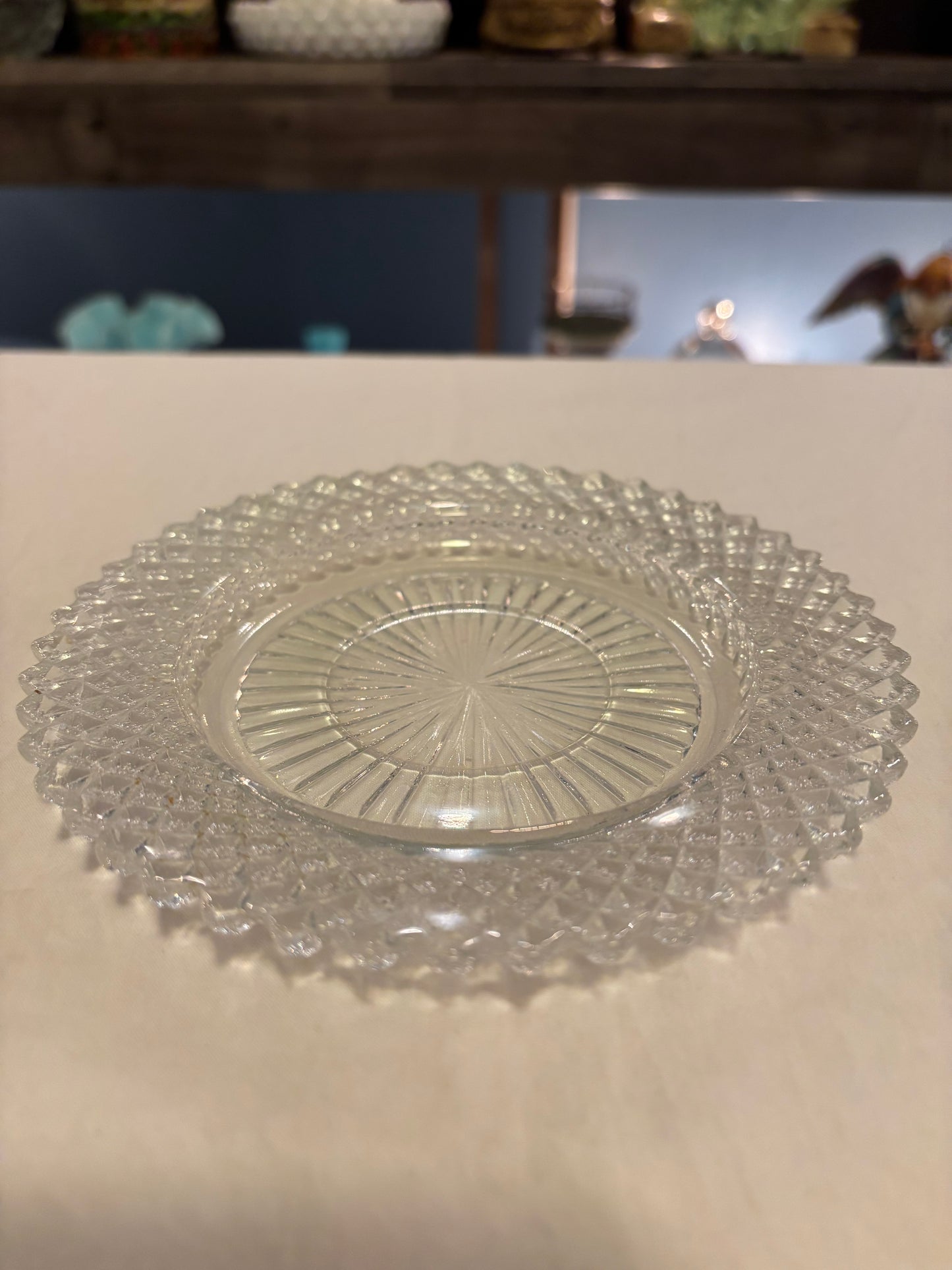 Vintage Clear Glass Sunburst and Diamond Edge Serving Plate – 10"