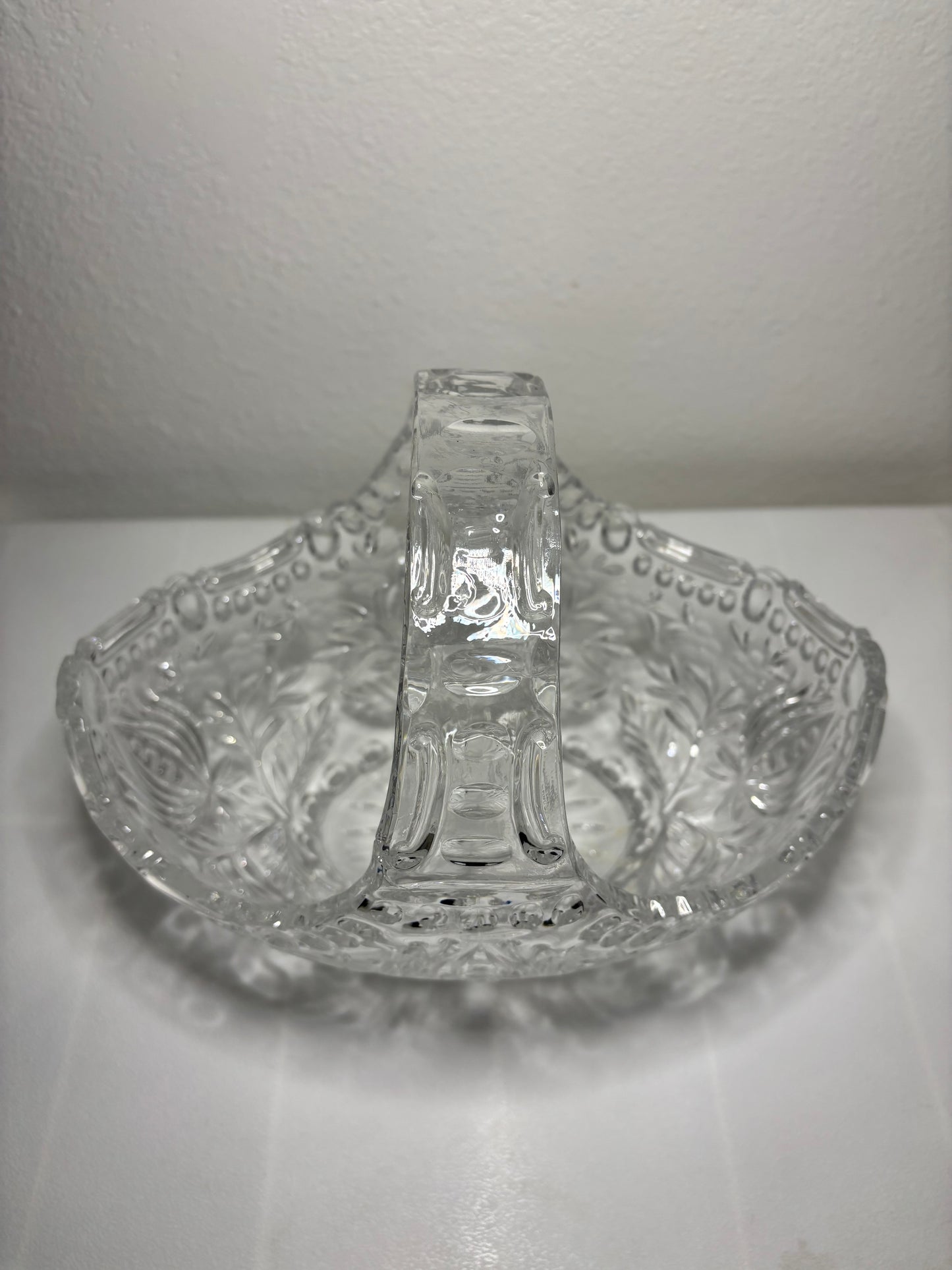 Vintage Pressed Glass Basket – Ornate Clear Glass Bowl with Handle – 9”