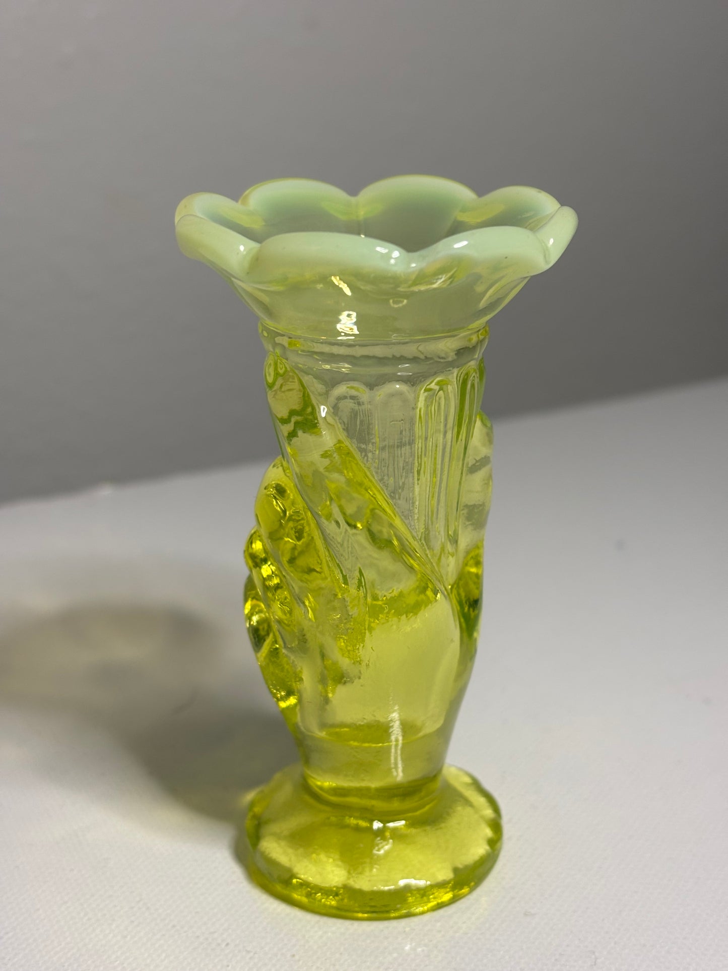 Vintage Vaseline Glass Hand Vase – 4" Tall with Opalescent Rim