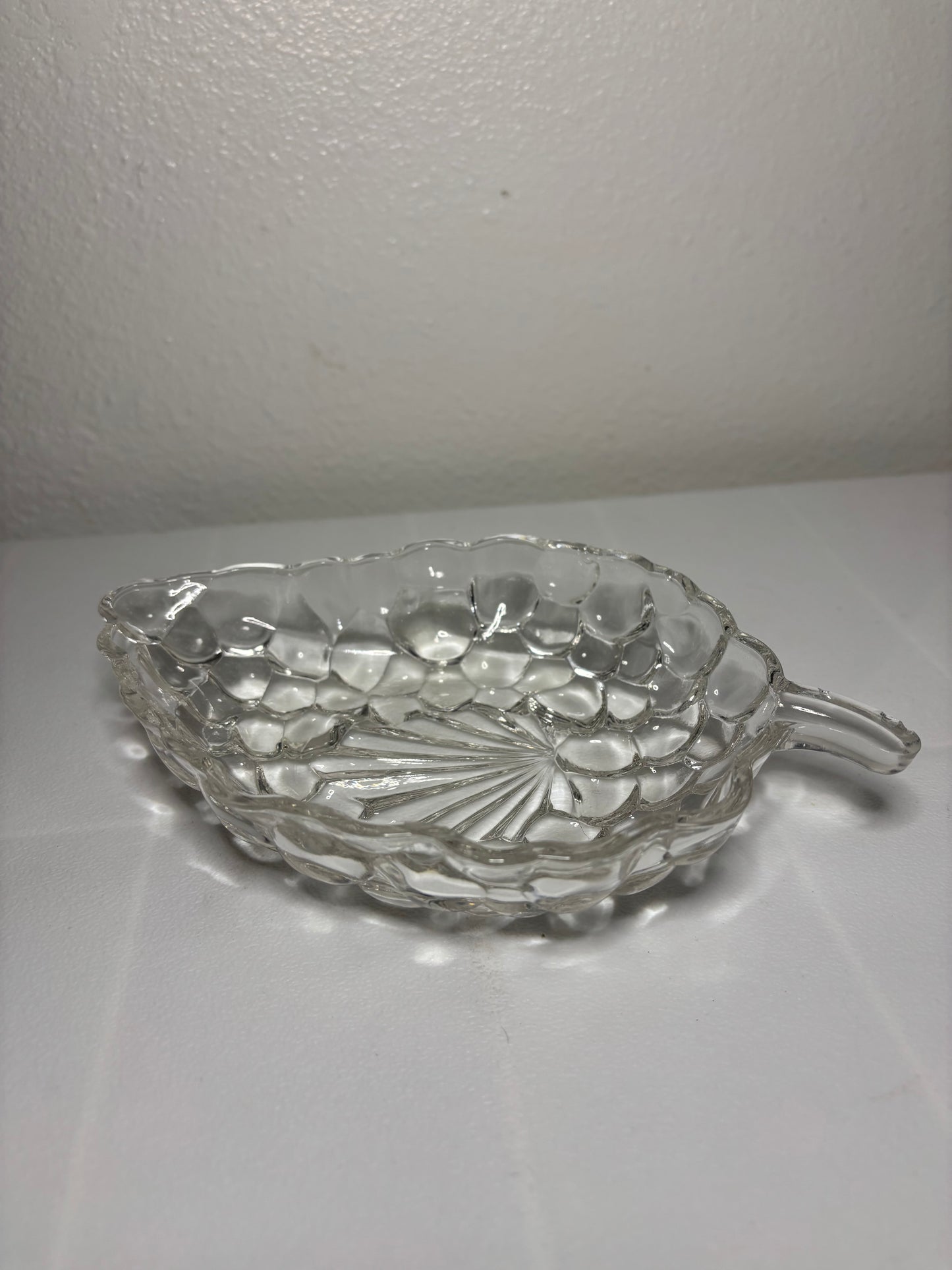 Vintage Pressed Glass Leaf Dish with Handle – 7” Candy or Relish Bowl