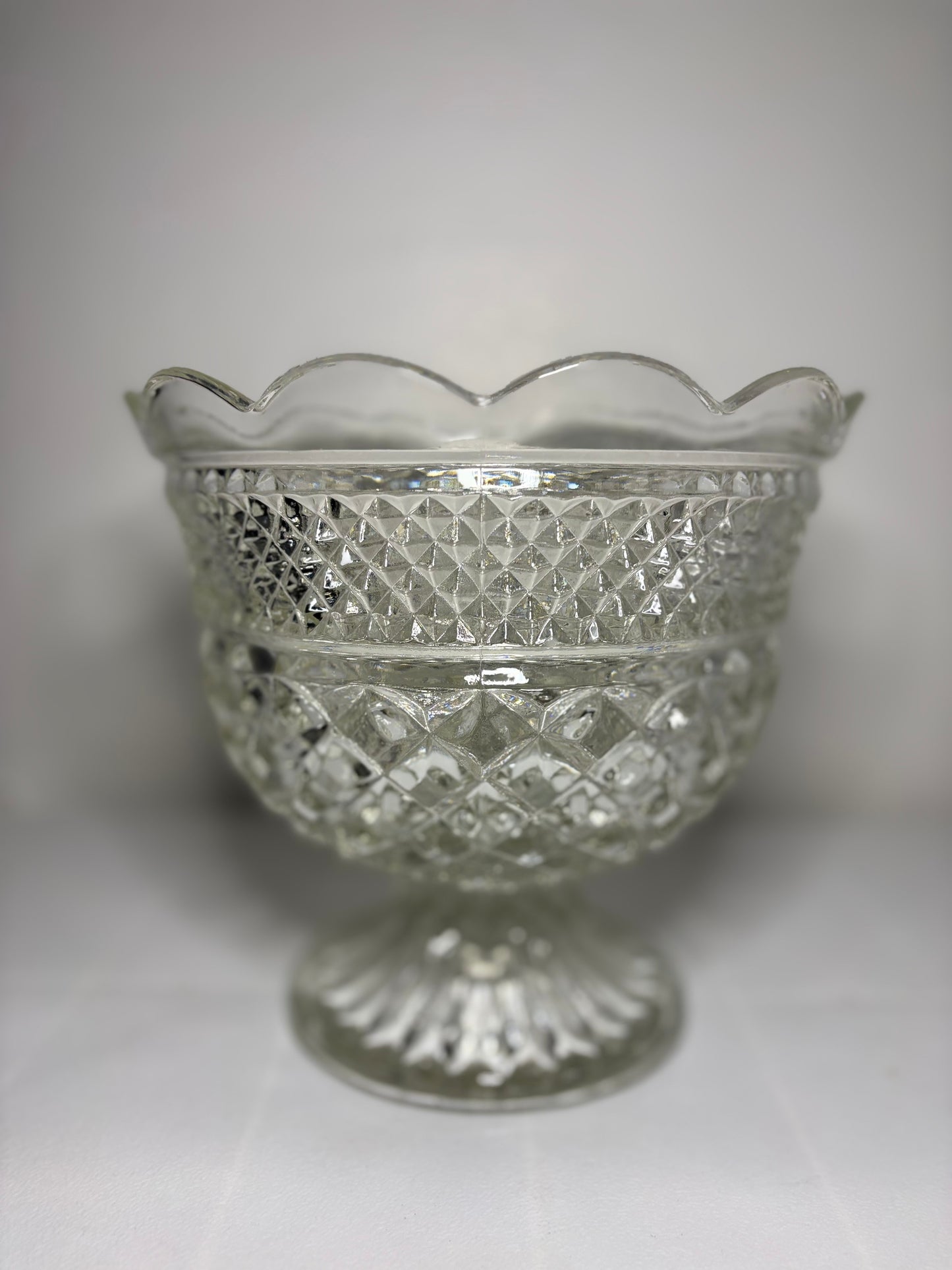 Large Vintage Pressed Glass Compote – Diamond & Crosshatch Pedestal Bowl (8”)