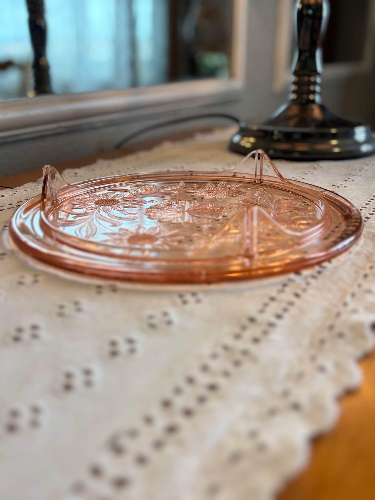 Vintage Pink Depression Glass Footed Cake Plate – Etched Floral Design *